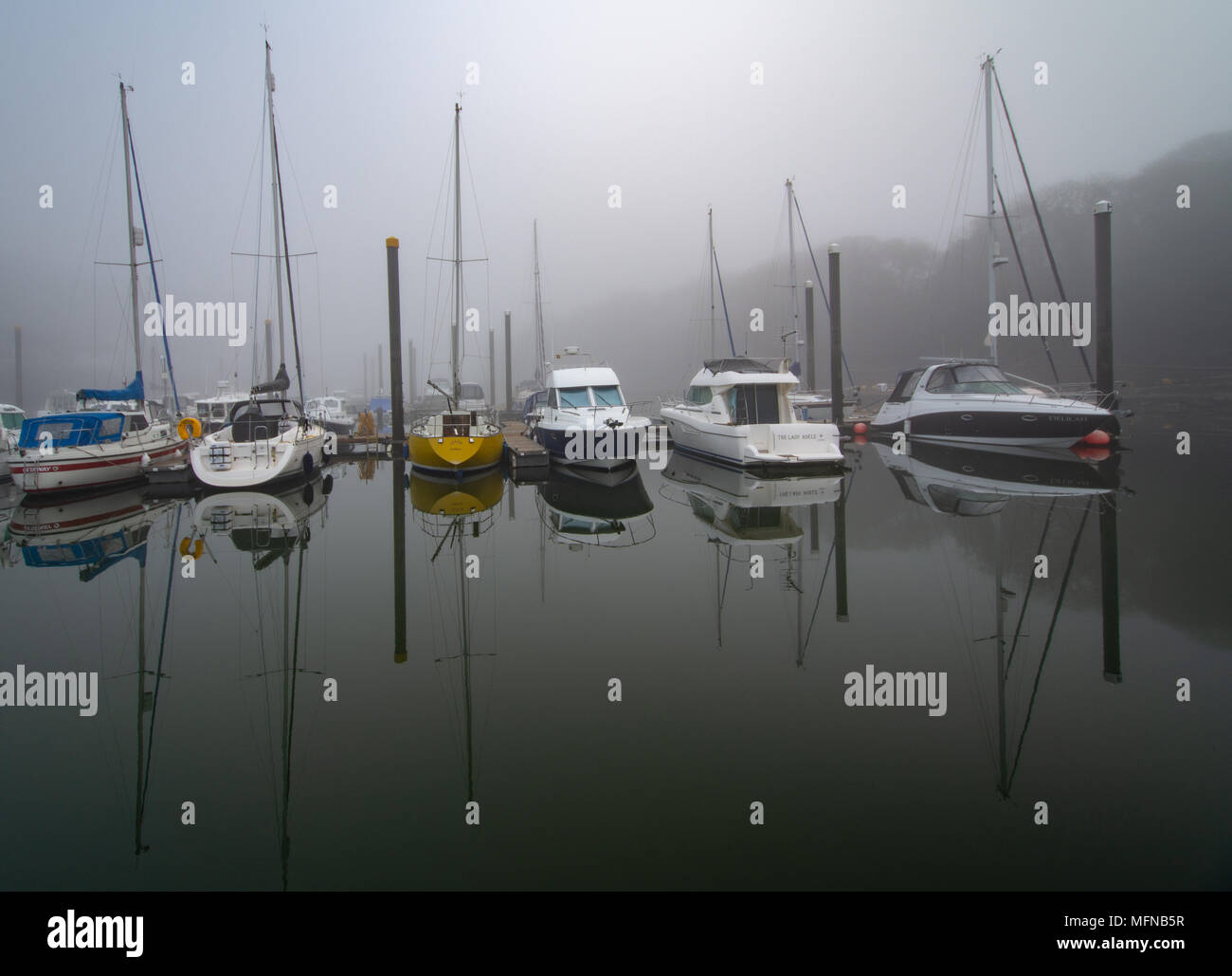Reflexiones sobre una perfecta misty mañana en Marina, Neyland Pembrokeshire Foto de stock