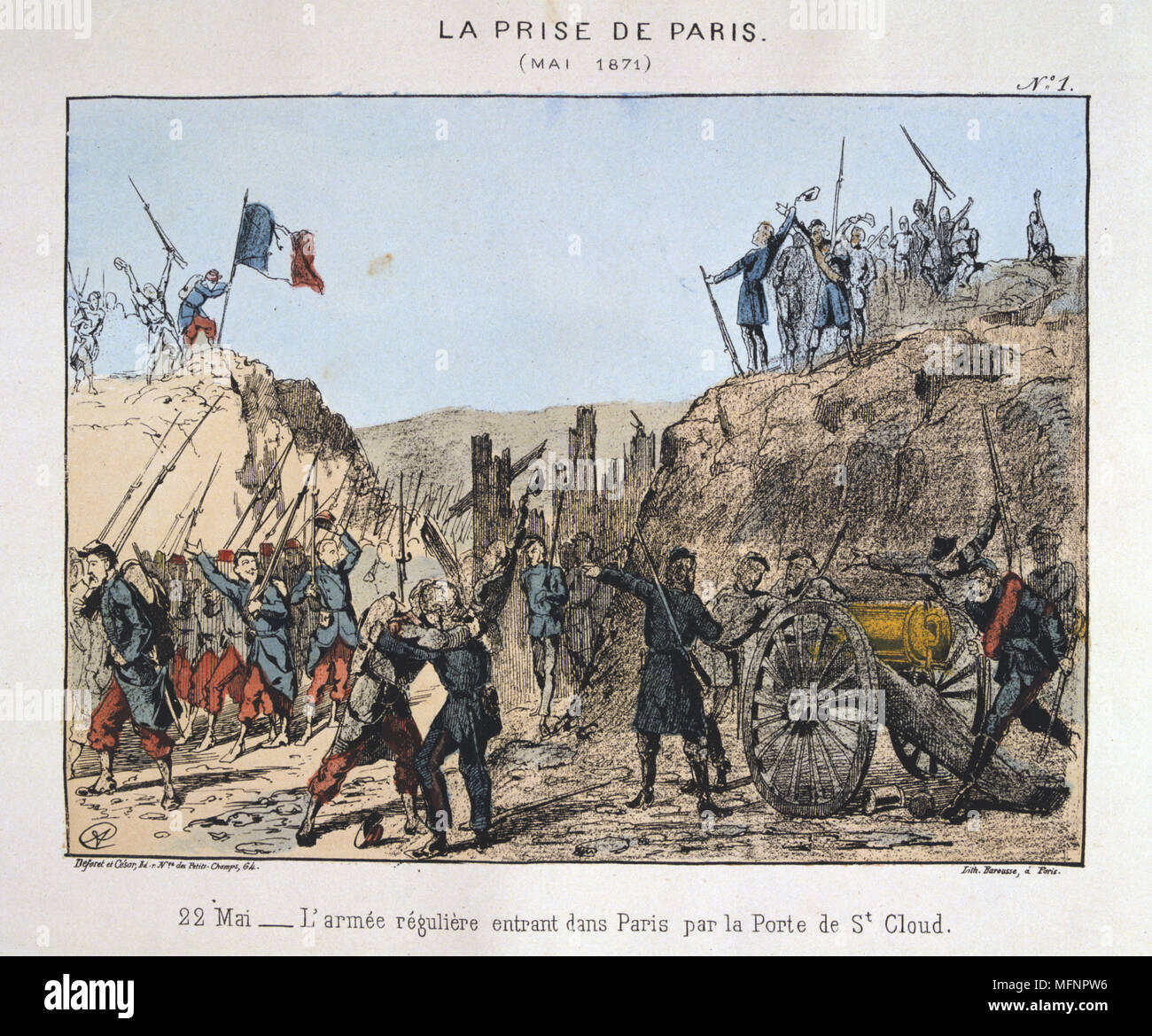 Comuna de París el 26 de marzo-28 de mayo de 1871. La semana sangrienta: tropas regulares del Gobierno, Versalles, entrando en París por la Porte de St Cloud, el 22 de mayo de 1871. Litografía coloreada. Foto de stock