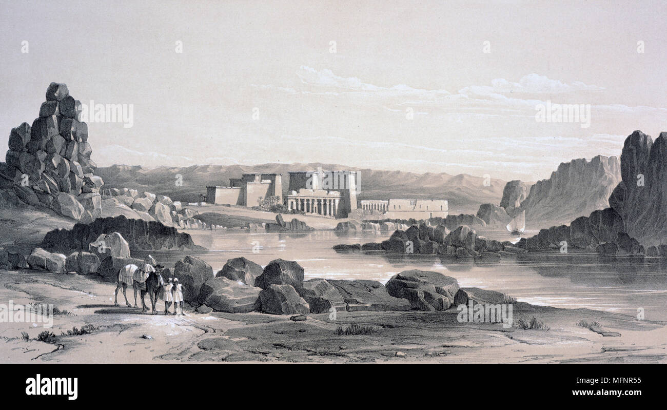 Filae - Mirando al sur", de 1843. Litografía a Owen Jones y Jules Goury. Vista de los templos en la isla de Philae, Río Nilo, cerca de Asuán. El antiguo Egipto Religión mitología Foto de stock