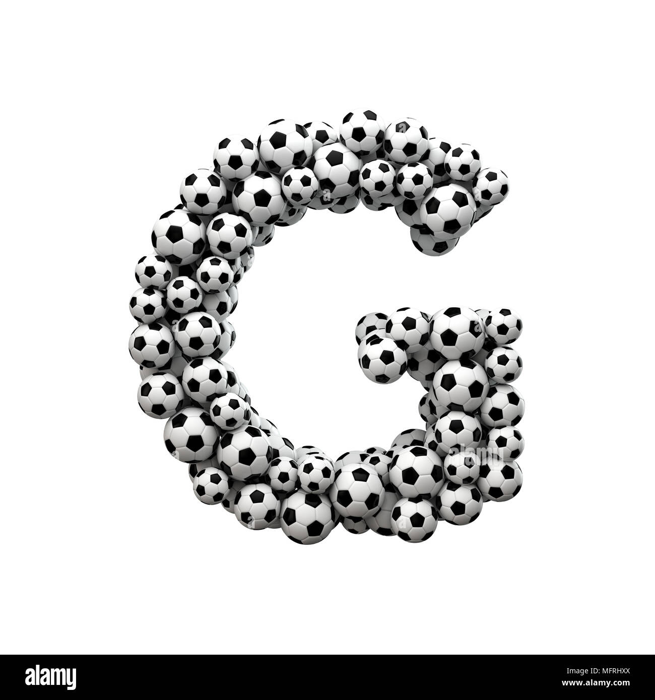 Letra mayúscula G font hechas a partir de una colección de balones de fútbol. 3D Rendering Foto de stock