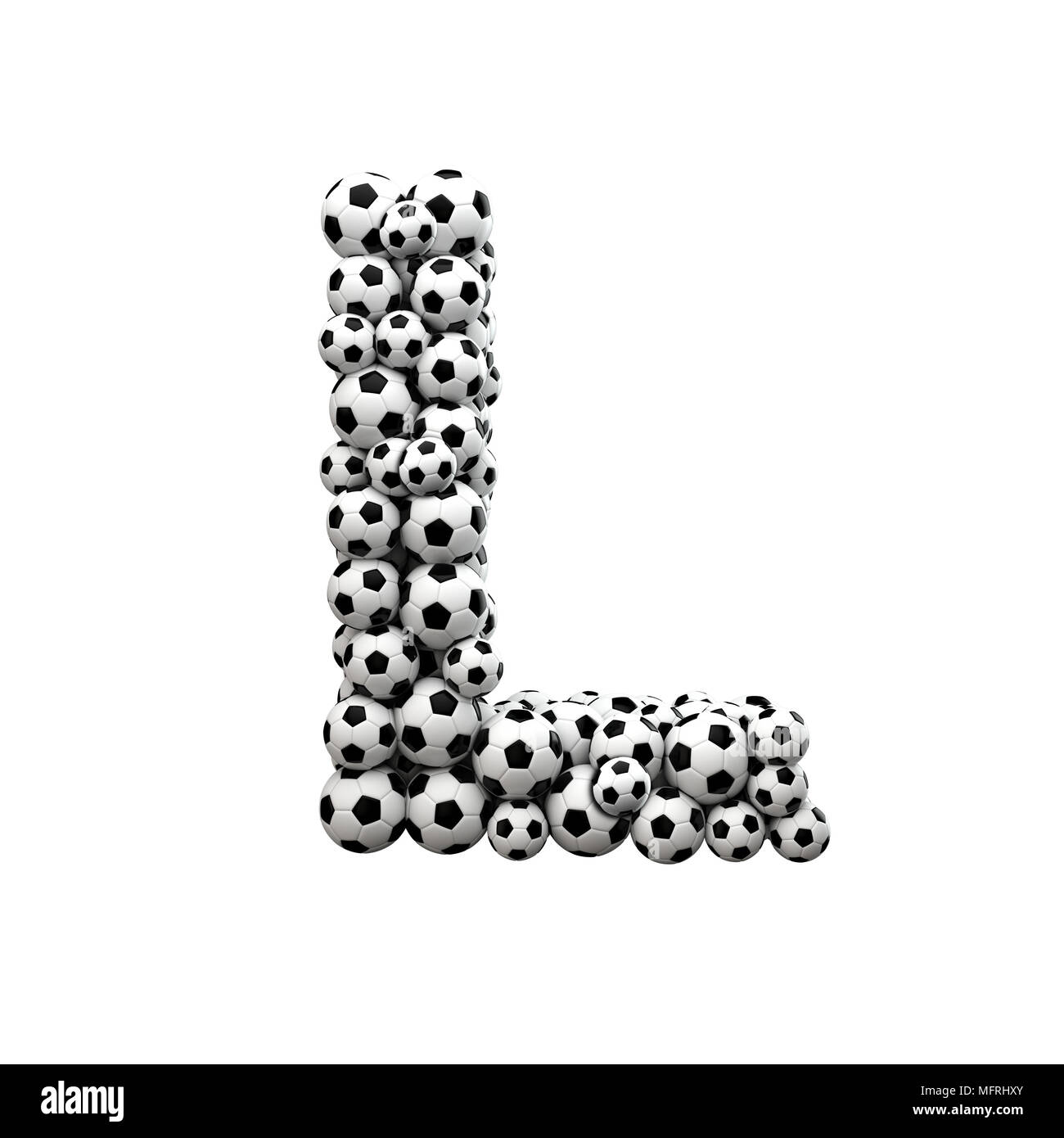 Mayúscula L font hechas a partir de una colección de balones de fútbol. 3D Rendering Foto de stock