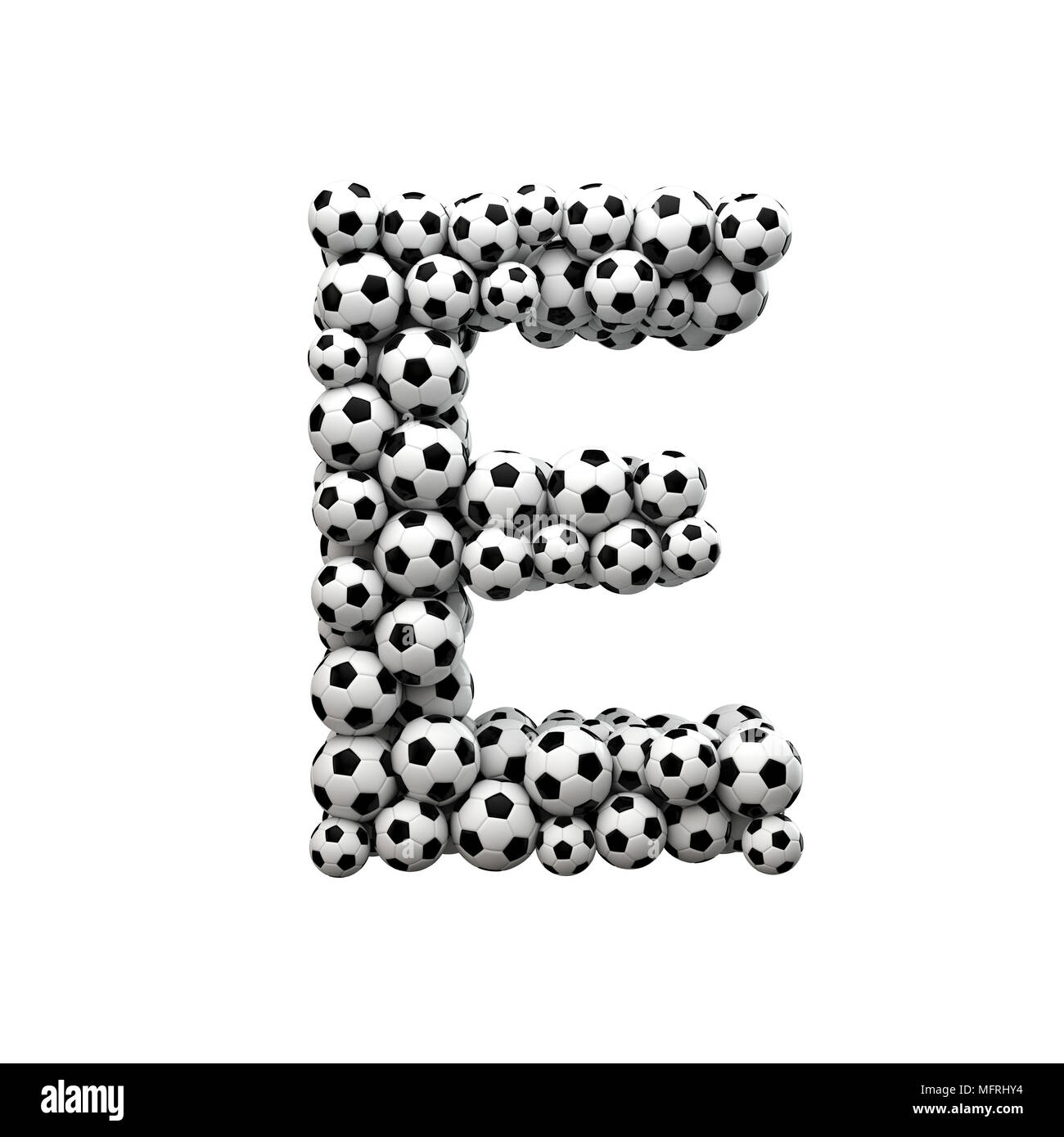 Letra mayúscula E font hechas a partir de una colección de balones de fútbol. 3D Rendering Foto de stock