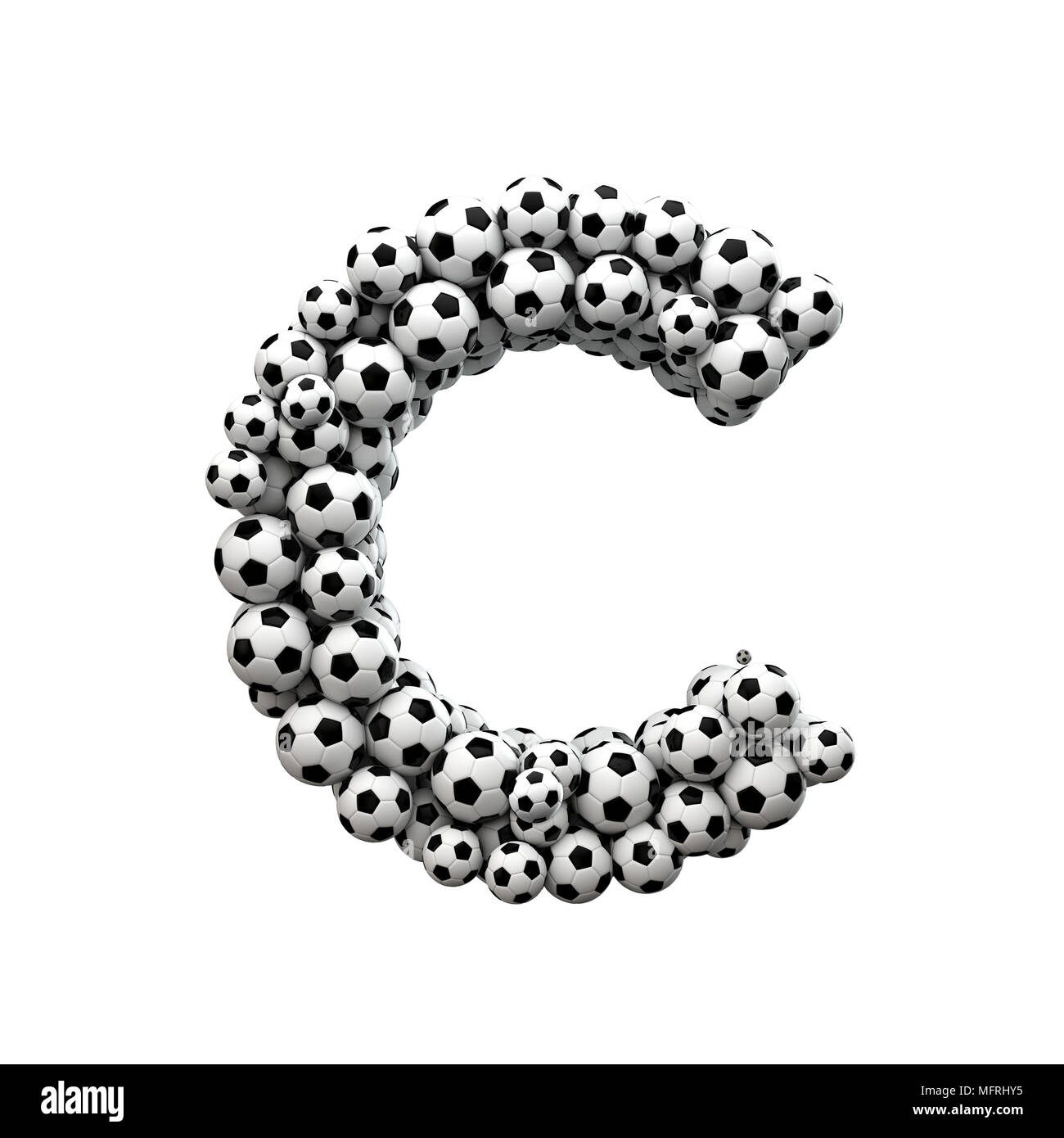 Letra mayúscula C font hechas a partir de una colección de balones de fútbol. 3D Rendering Foto de stock