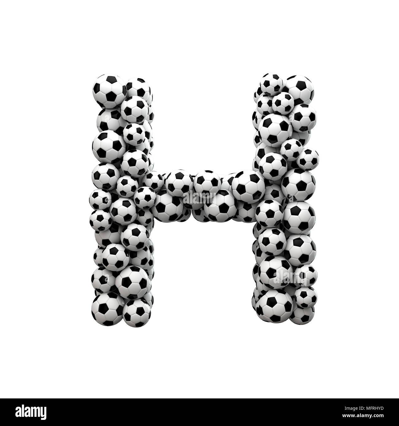 Letra mayúscula H font hechas a partir de una colección de balones de fútbol. 3D Rendering Foto de stock
