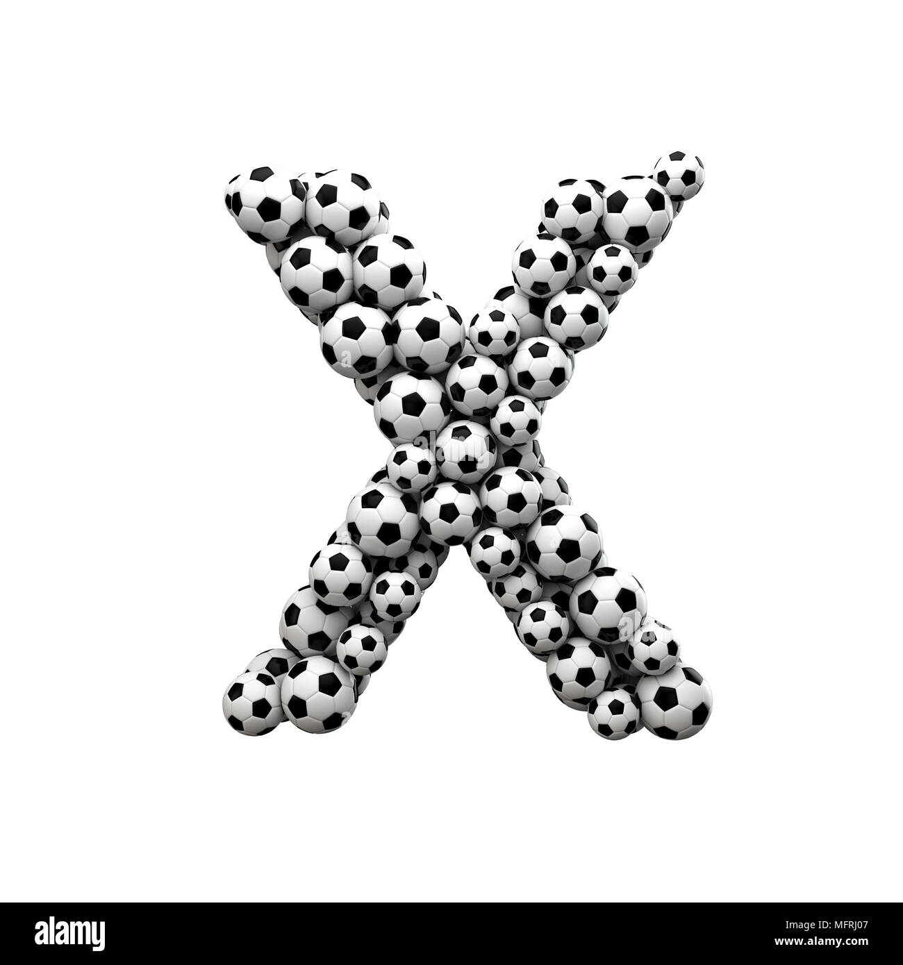 Letra mayúscula X Font hechas a partir de una colección de balones de fútbol. 3D Rendering Foto de stock