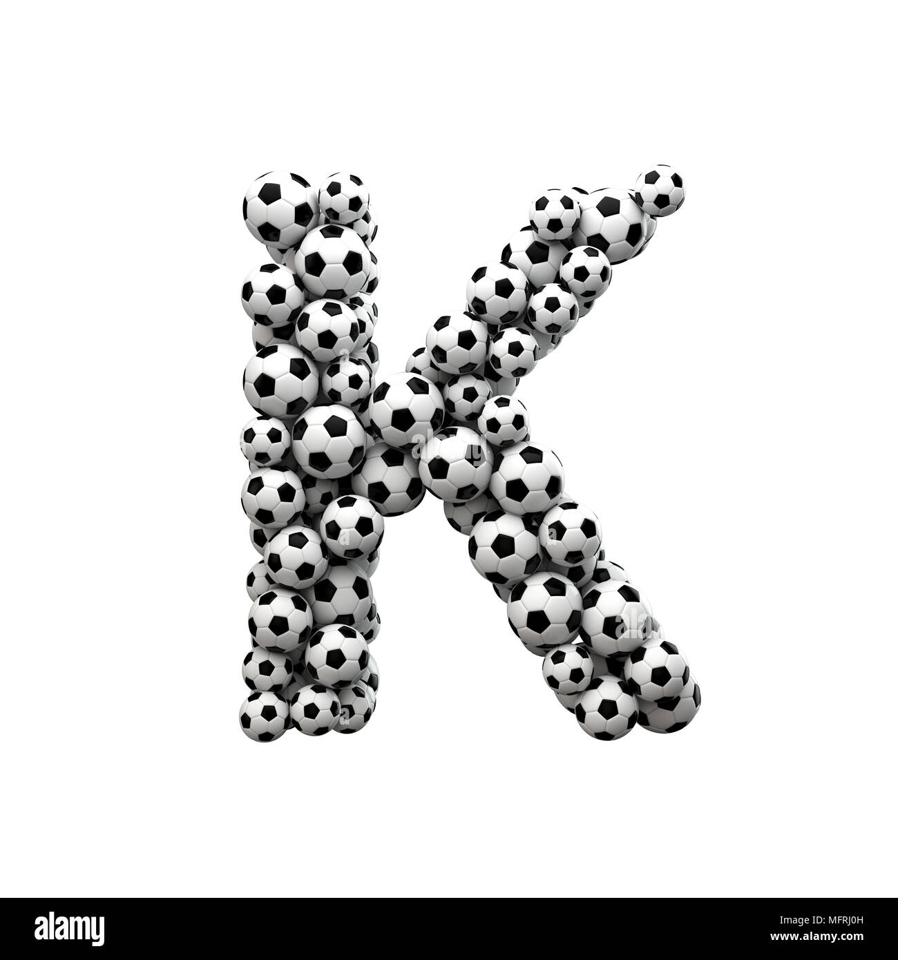 Letra mayúscula K font hechas a partir de una colección de balones de fútbol. 3D Rendering Foto de stock