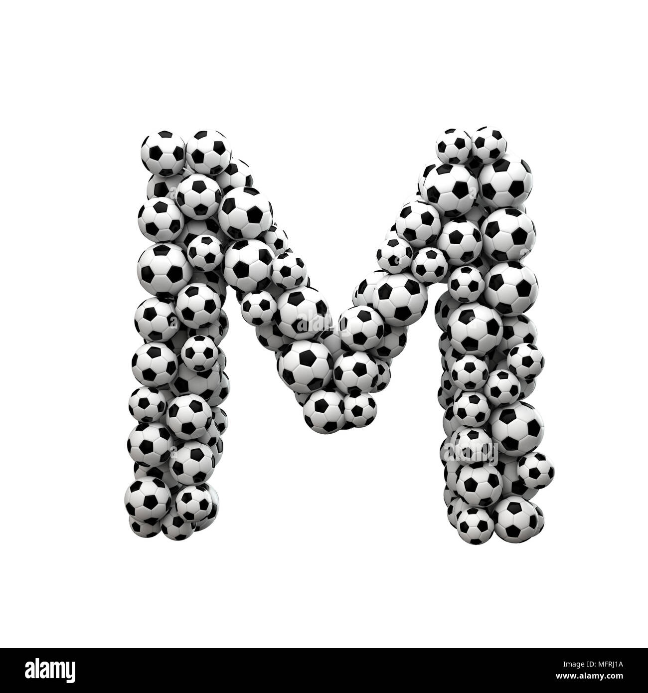 Letra mayúscula M font hechas a partir de una colección de balones de fútbol. 3D Rendering Foto de stock