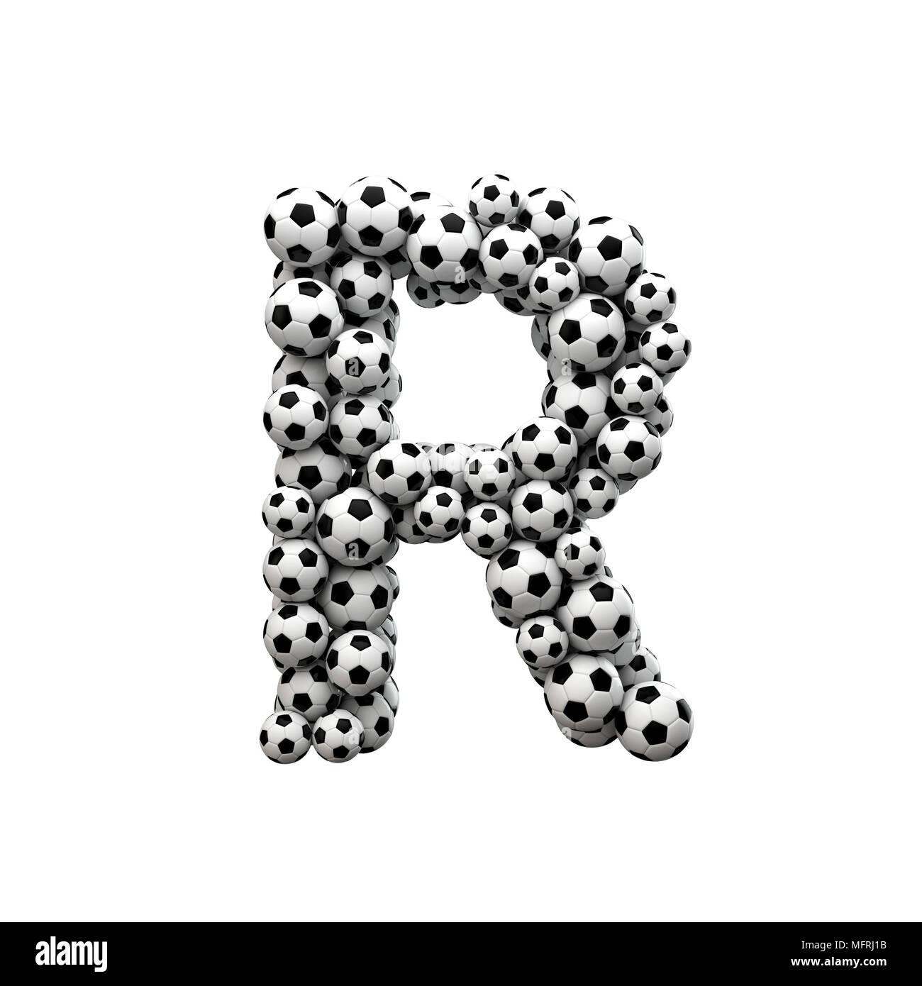 Fuente mayúscula R hechas a partir de una colección de balones de fútbol. 3D Rendering Foto de stock