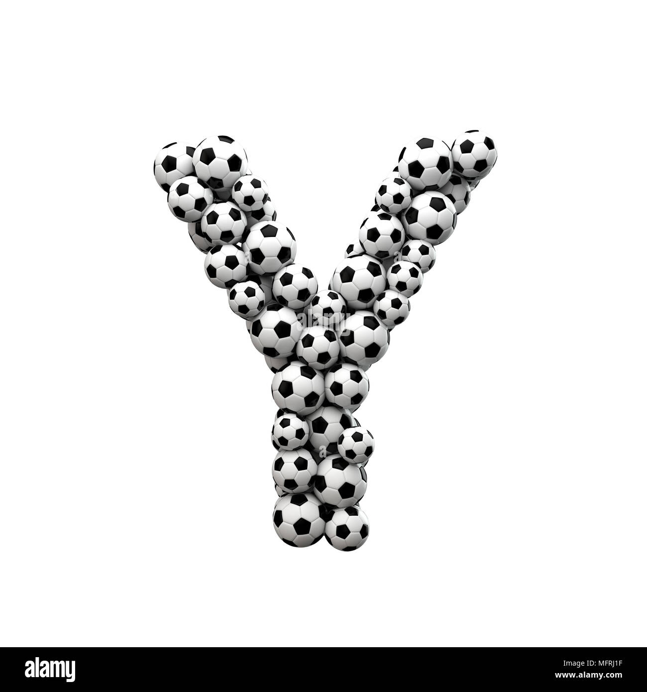 Letra mayúscula Y font hechas a partir de una colección de balones de fútbol. 3D Rendering Foto de stock