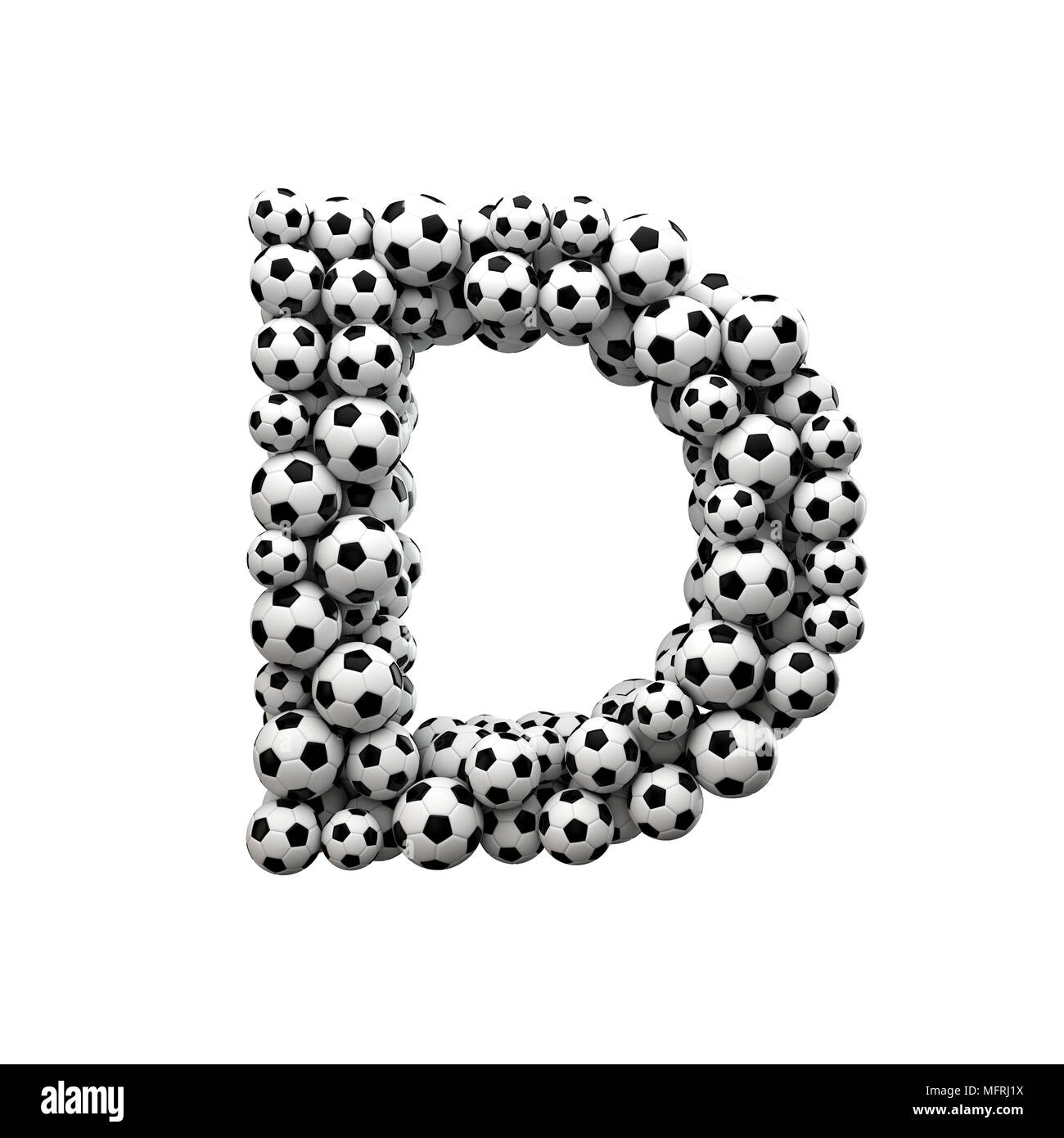Letra mayúscula D font hechas a partir de una colección de balones de fútbol. 3D Rendering Foto de stock