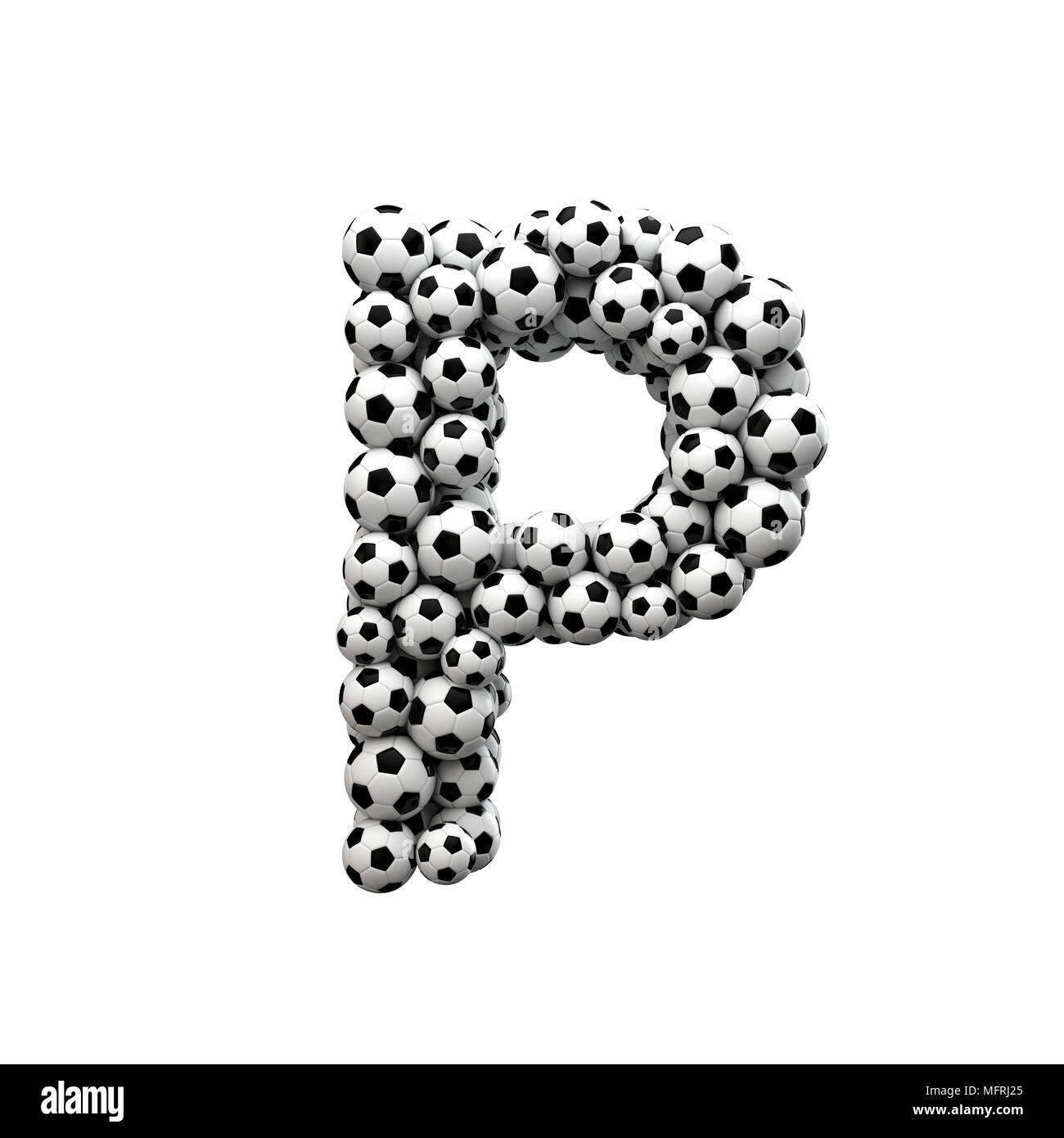 Letra mayúscula P font hechas a partir de una colección de balones de fútbol. 3D Rendering Foto de stock