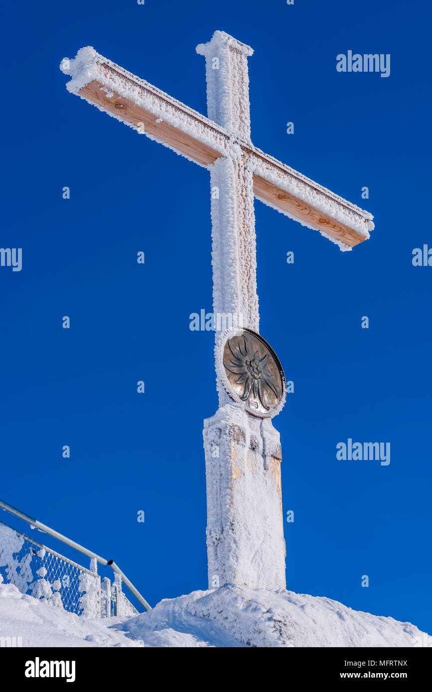 La cruz de la cumbre helada Nebelhorn, 2224m, Allgäu Alpes Allgäu, Baviera, Alemania Foto de stock
