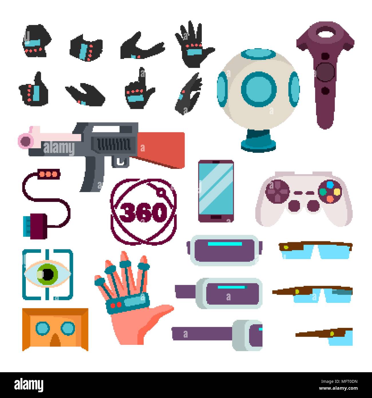 La Realidad Virtual iconos en Vector. La Realidad Virtual VR Accesorios.  Arma, guantes, gafas, controlador de la consola, la vista, la mano. Plano  aislado Cartoon ilustración Imagen Vector de stock - Alamy