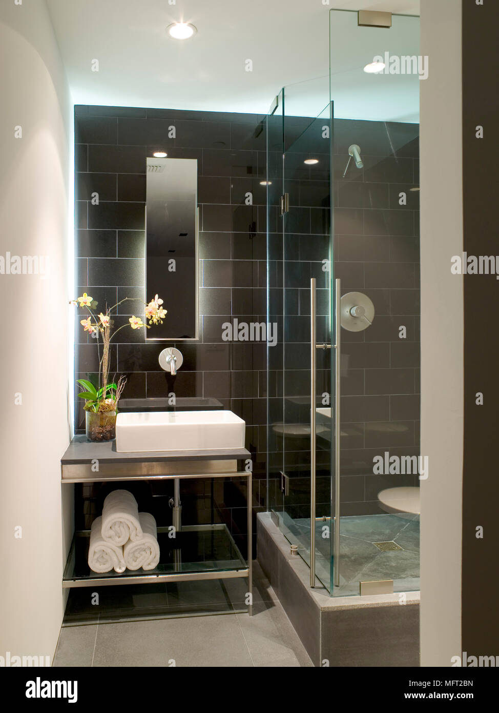 Cuarto de ba o con azulejos negros y plante unidad de ducha
