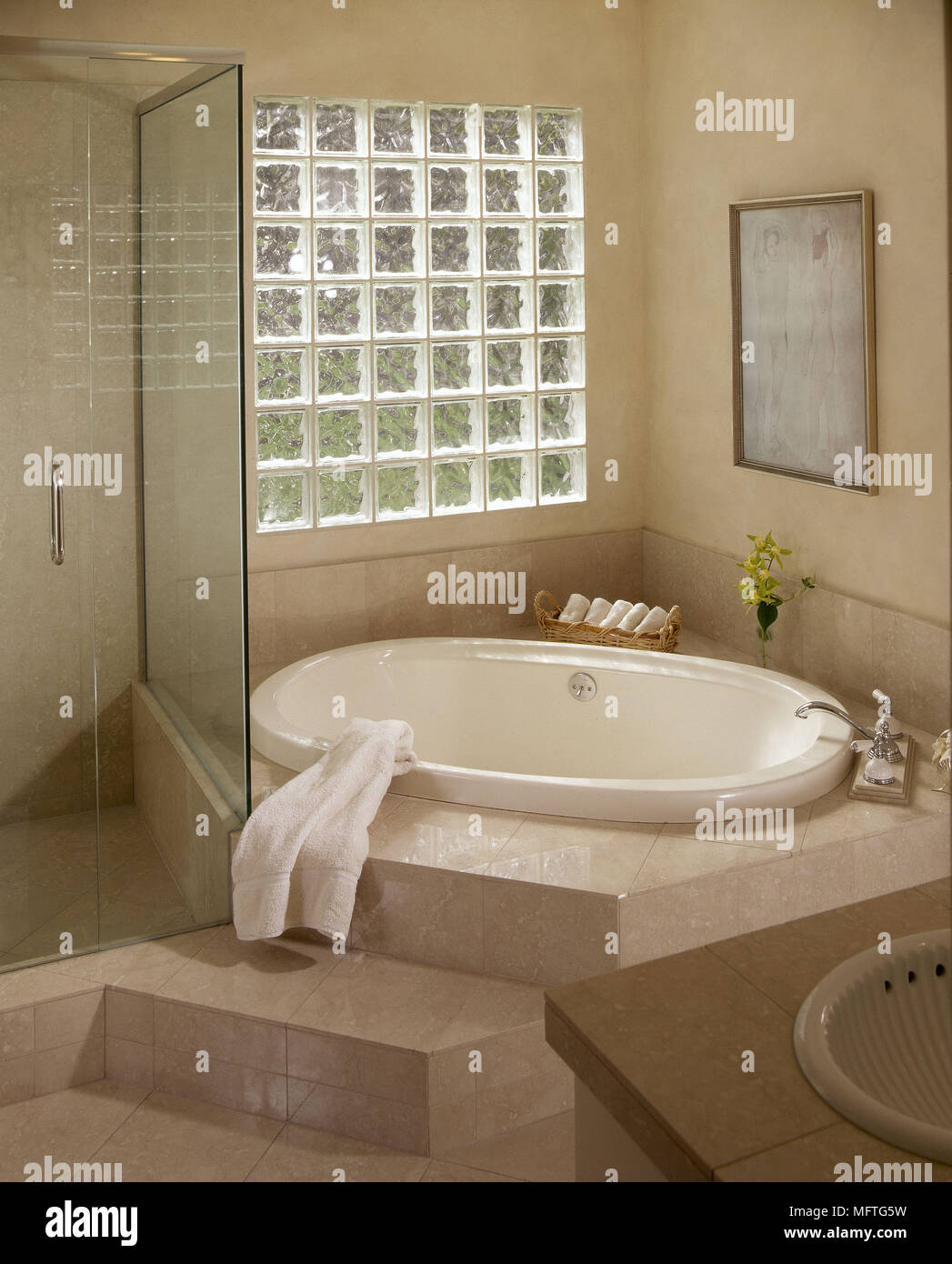 Baño moderno baño de inmersión de ladrillos de vidrio de la ventana de la  pantalla de cristal ducha baldosas interiores baños duchas baños de  azulejos de colores cálidos Fotografía de stock -