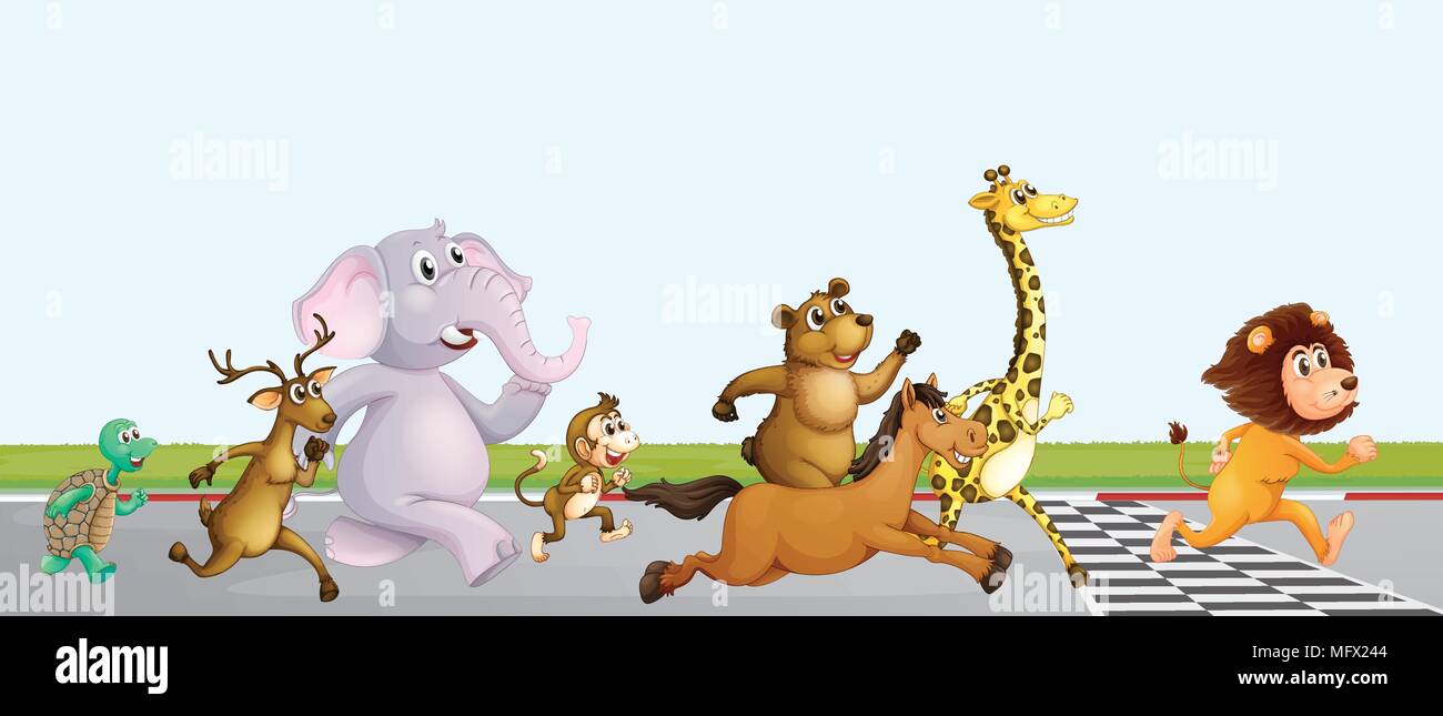 Raza animal corriendo en Finish Line ilustración Imagen Vector de stock