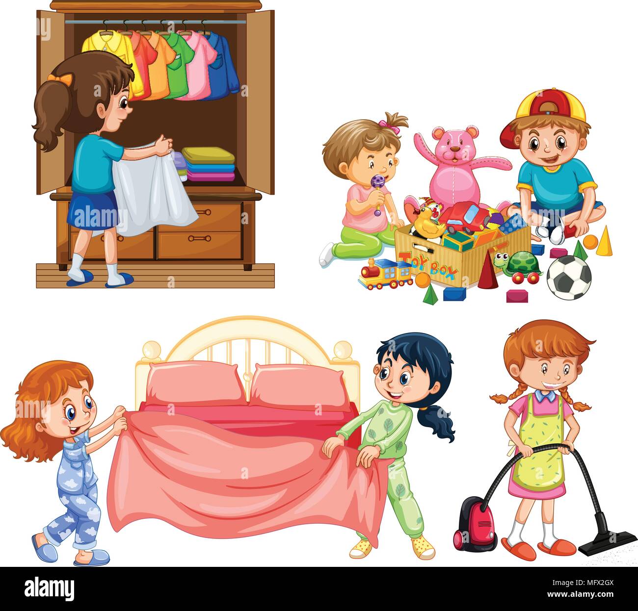 Caricatura de una niña doblando la ropa. niños haciendo tareas domésticas  en concepto de hogar.