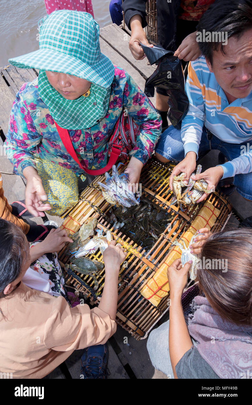 Los comerciantes musulmanes Cham con una captura de cangrejos en el mercado de cangrejo en Kep, Camboya Foto de stock