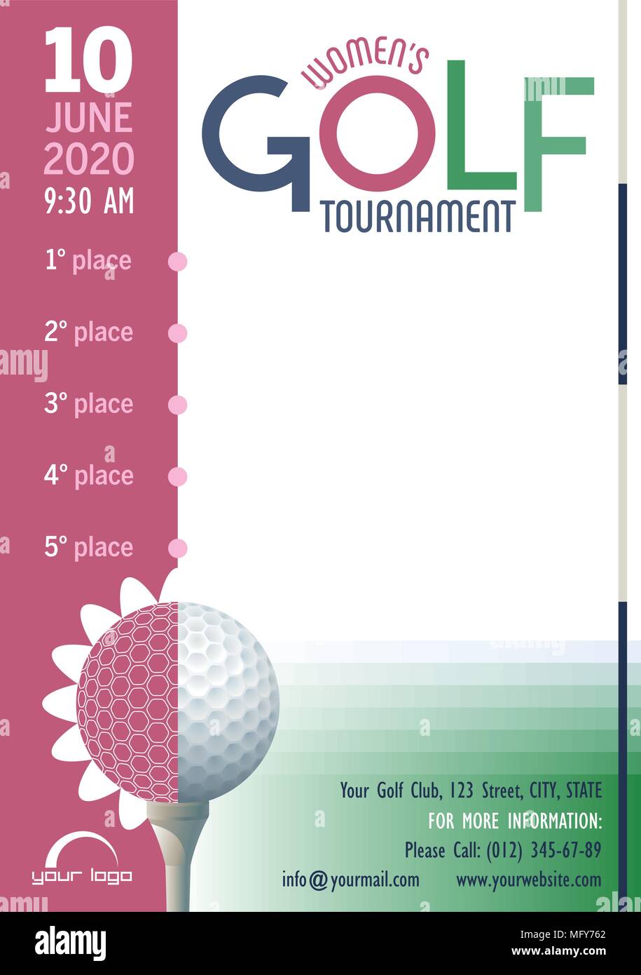Torneo de Golf de mujeres poster plantilla. Lugar para el mensaje de texto. Ilustración vectorial. Ilustración del Vector