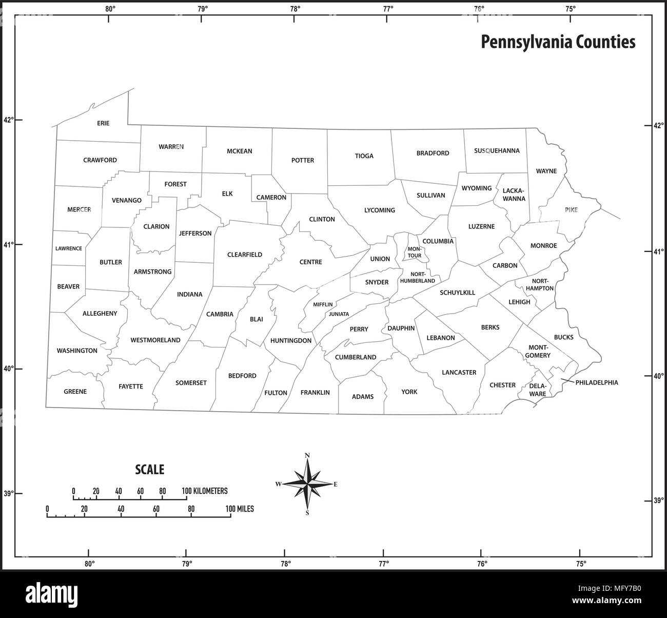 Esquema del estado de Pennsylvania mapa de vectores administrativos y políticos en blanco y negro Ilustración del Vector