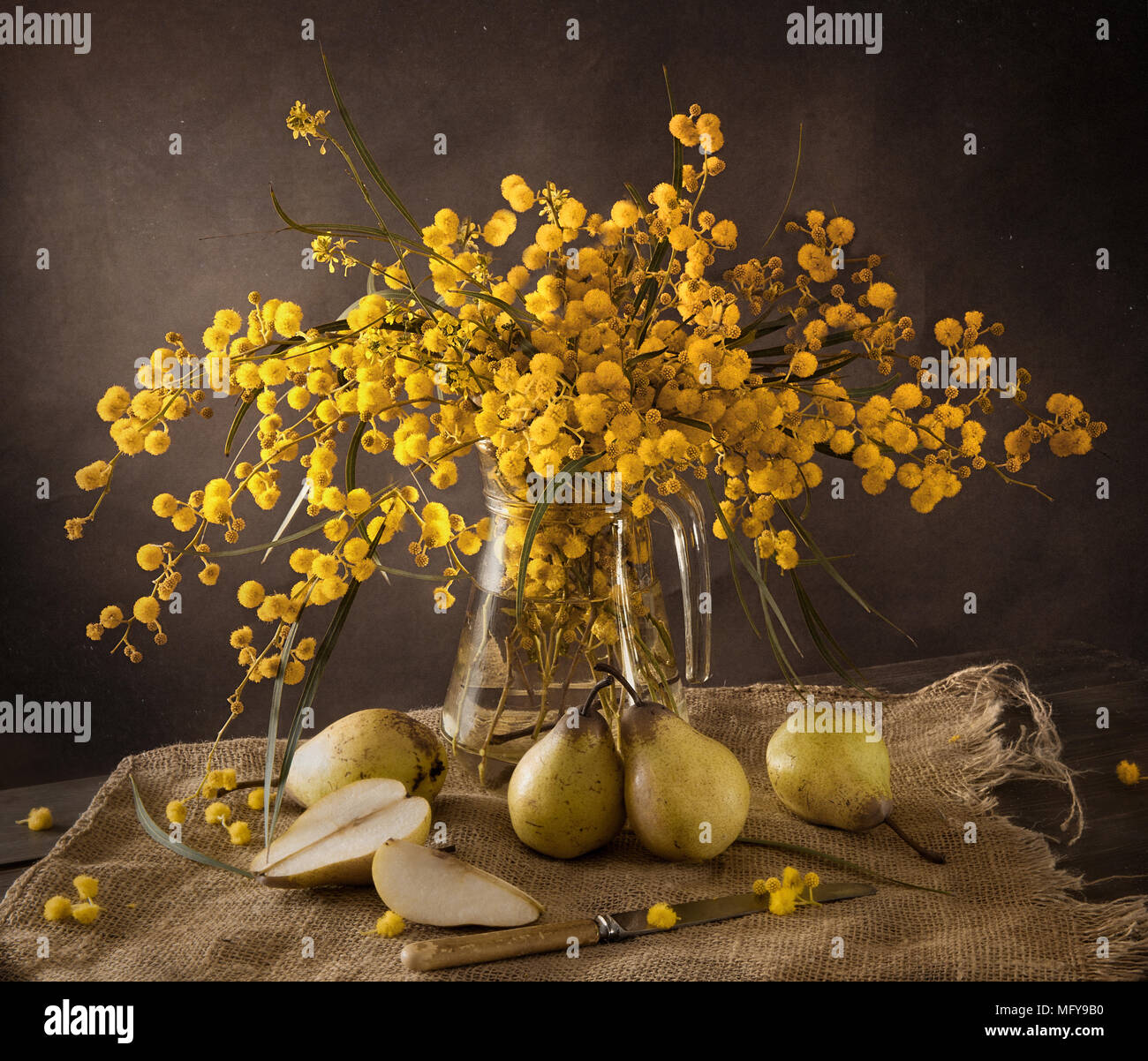 Hermoso bodegón con peras y mimosa Foto de stock