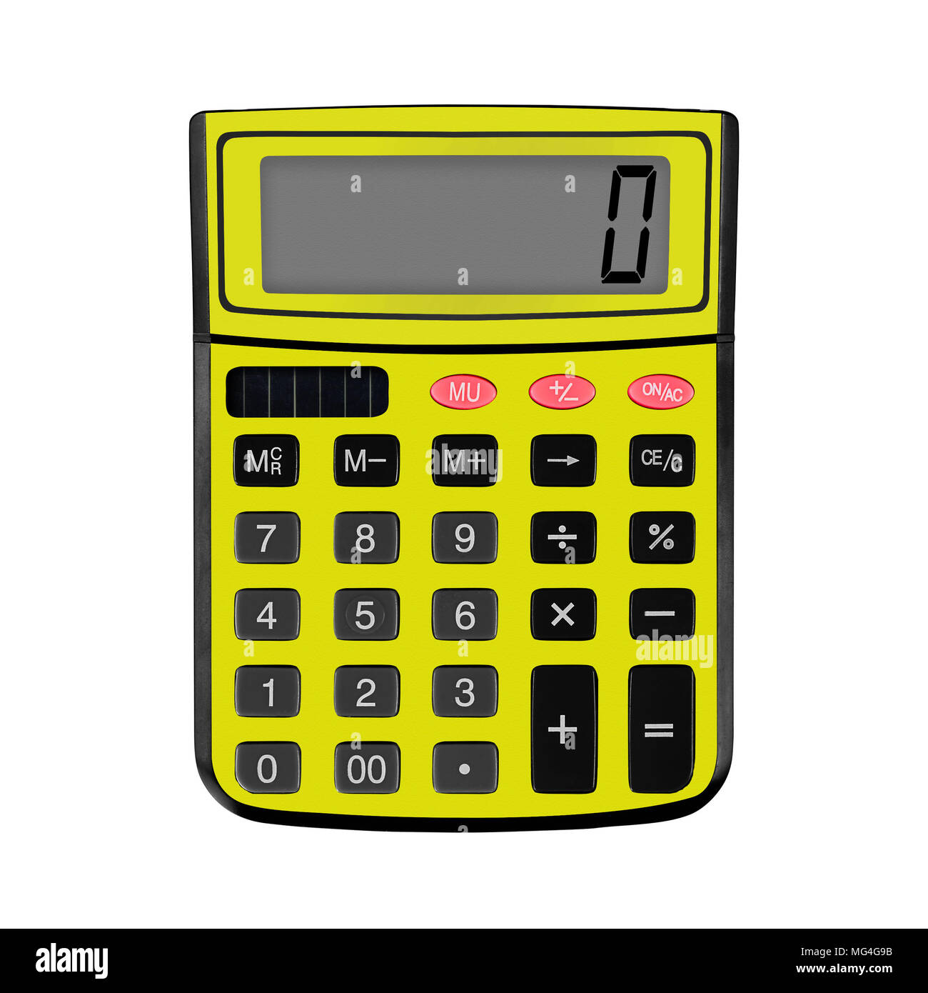 Papelería, Educación y Ciencia - Vista frontal calculadora amarillo fondo  blanco aislado Fotografía de stock - Alamy