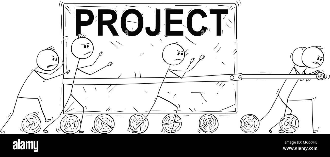Caricatura de grupo de empresarios empujando grandes bloques de piedra con el texto del proyecto Ilustración del Vector