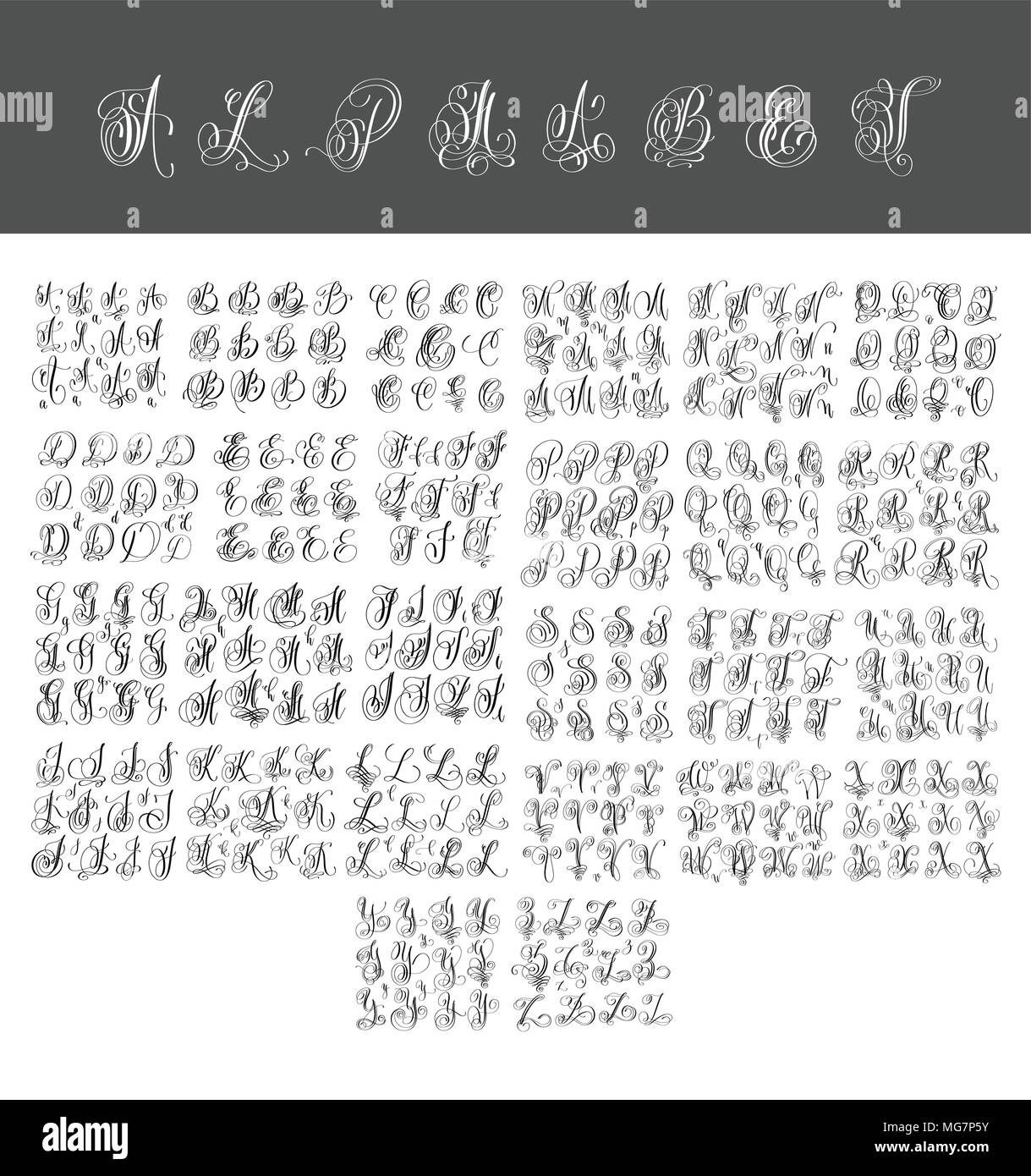 Mega set de caligrafía diseño alfabeto escritos a mano Ilustración del Vector