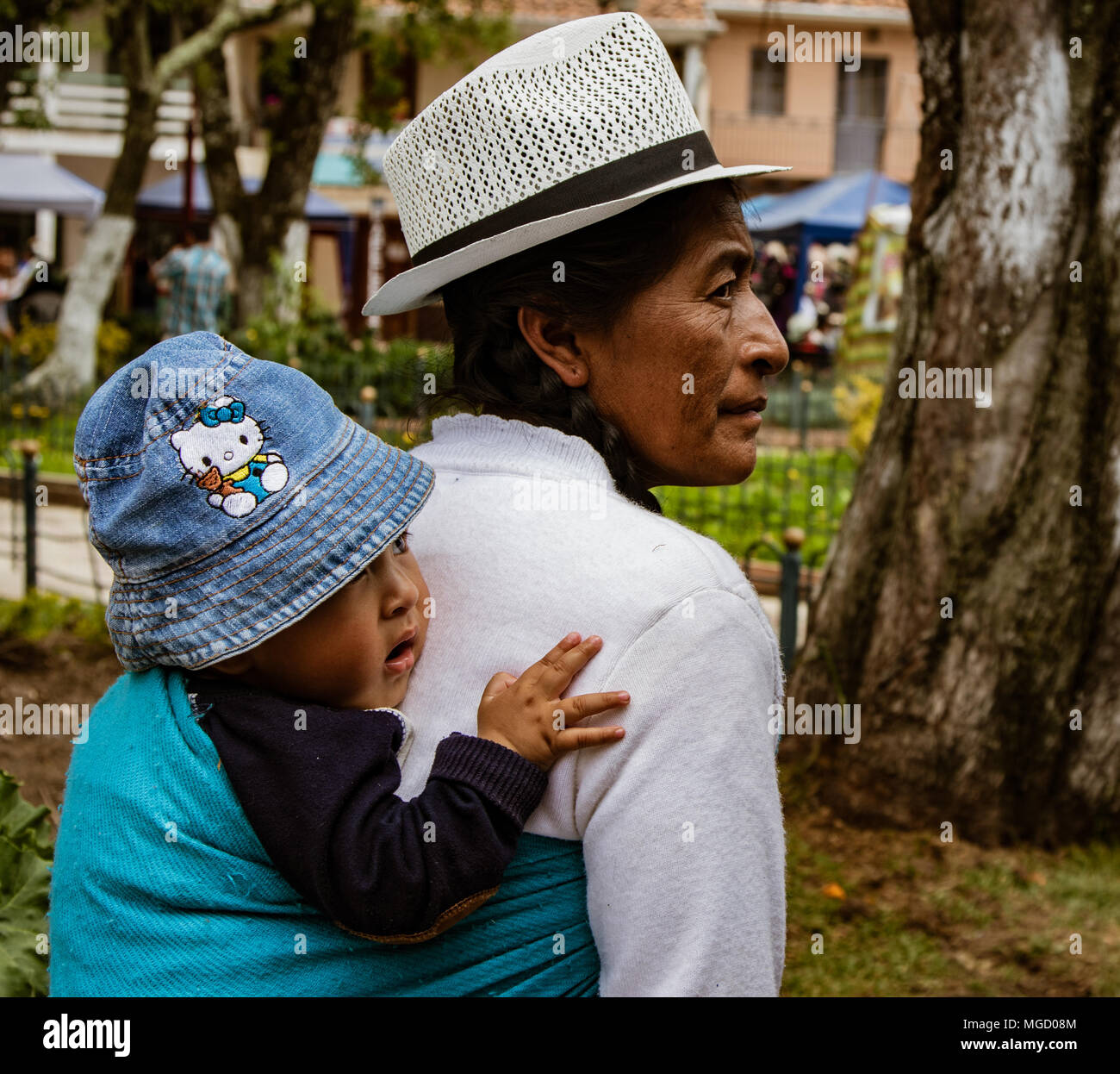 Cuenca, Ecuador, Jan 13, 2018: la mujer indígena ecuatoriana lleva el bebé  sobre su espalda en Cuenca Fotografía de stock - Alamy