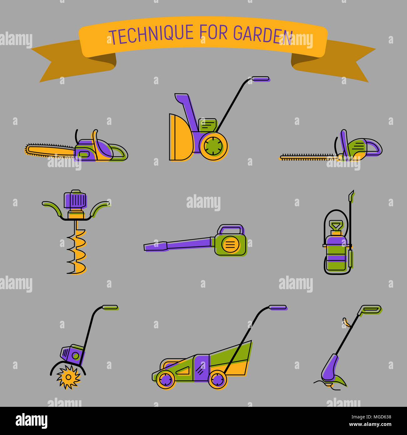 Las insignias de la jardinería power tools. Técnica para el cuidado del césped y jardín Ilustración del Vector