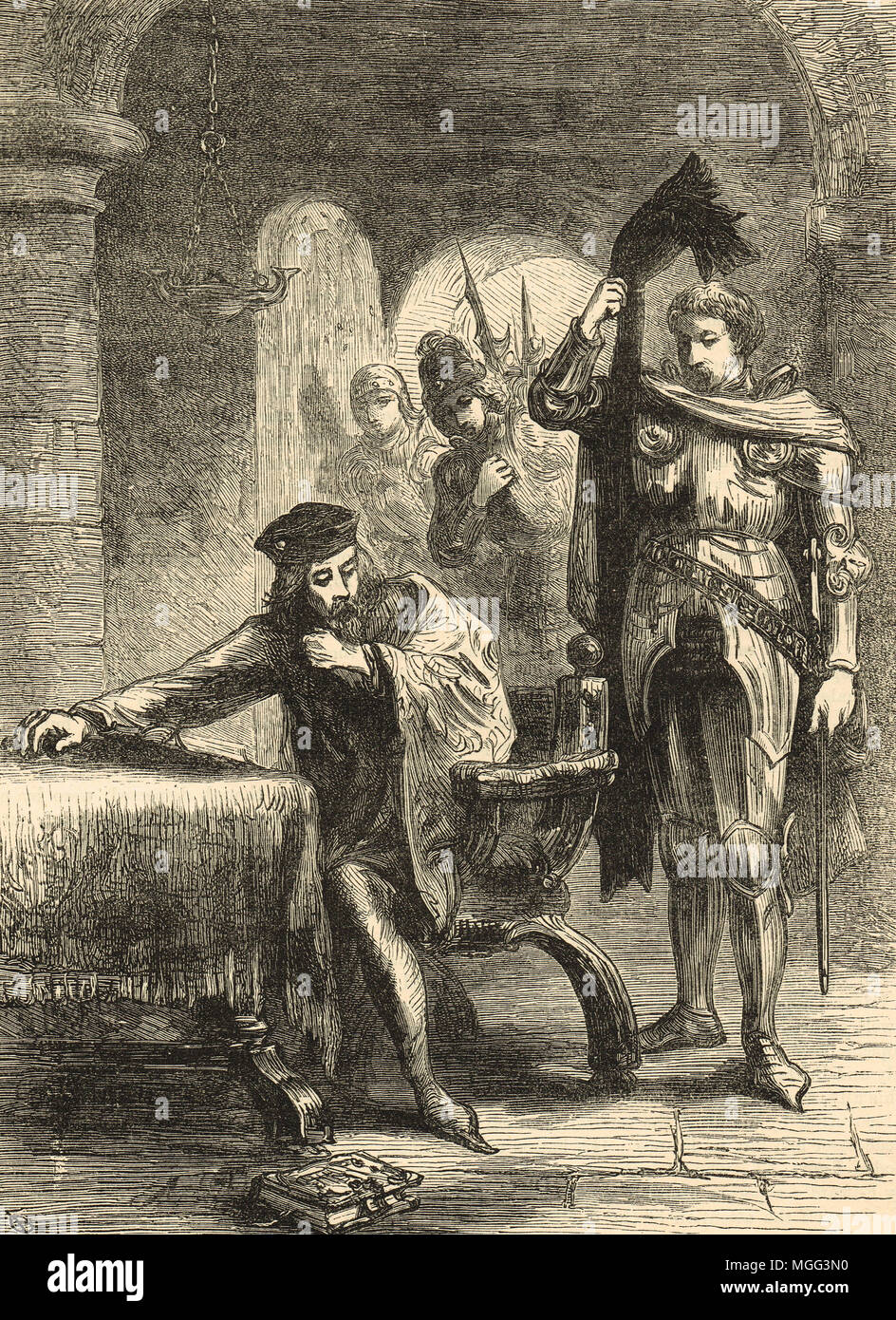 Richard Neville, 16º Conde de Warwick "Kingmaker", visitando Enrique VI, encarcelado en la Torre de Londres. Foto de stock