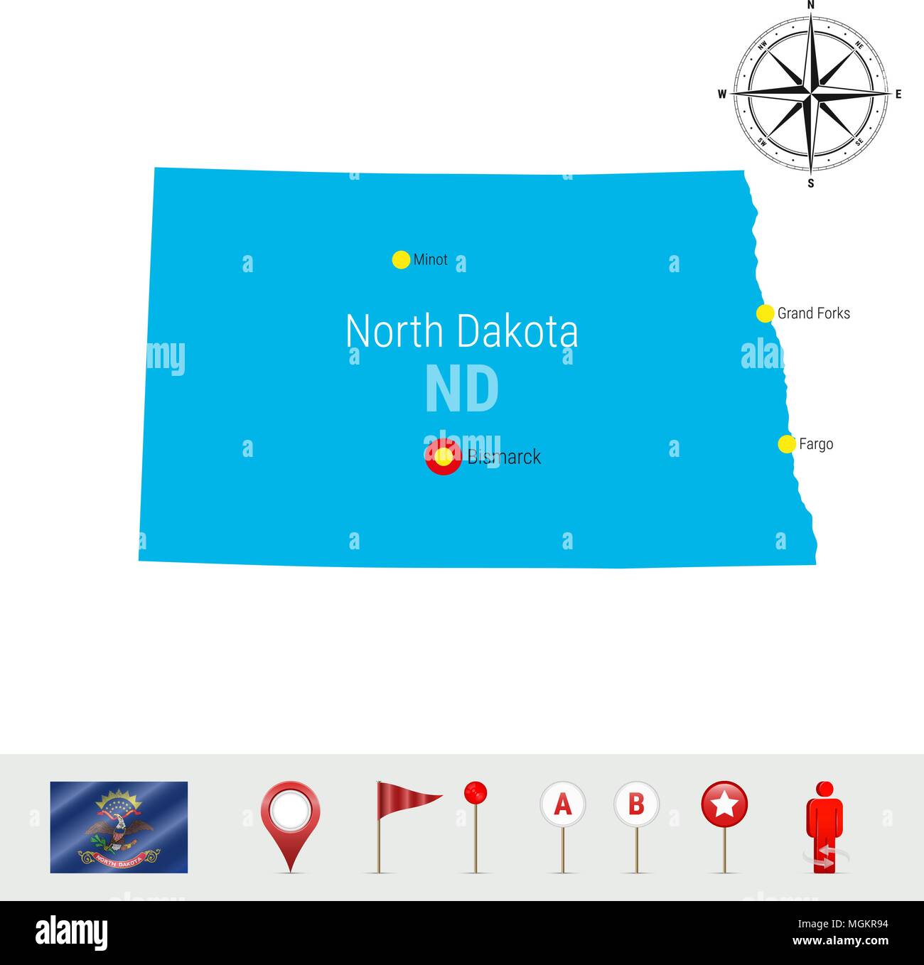 Dakota del Norte mapa vectorial aislado en blanco. Alta silueta
