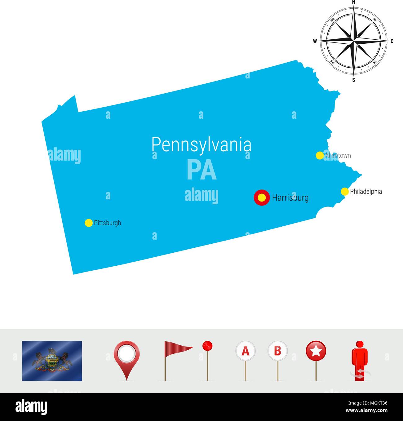 Mapa de vectores de Pennsylvania aislado en blanco. Alta silueta