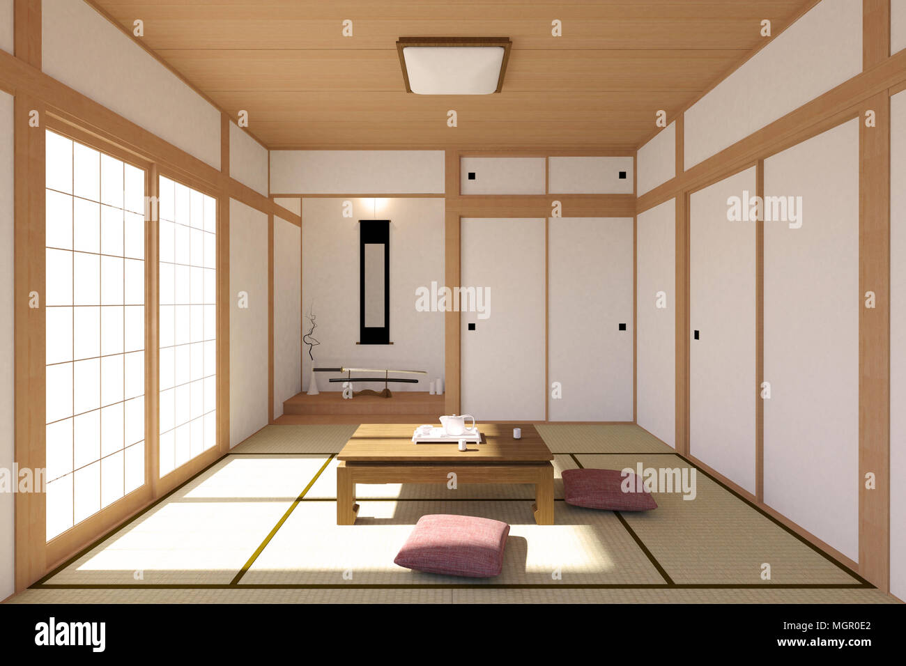 mostrador frio Sanción Salón interior japonés tradicional y diseño minimalista con suelo de tatami,  japonés Shoji puerta y espada japonesa Fotografía de stock - Alamy