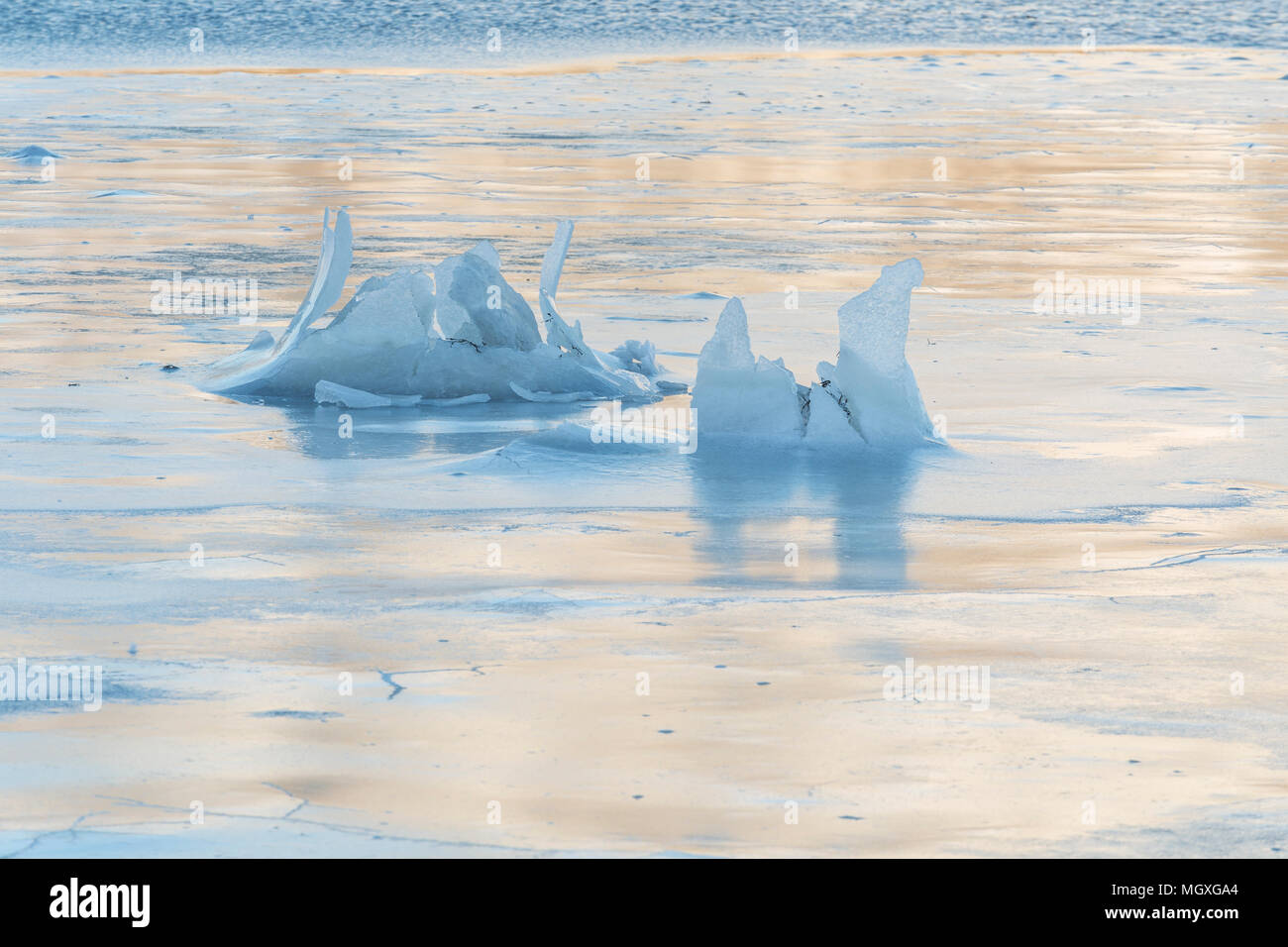 Formaciones de hielo en la superficie de un lago congelado en Lofoten. Como patrones de flores son empujados por las rocas como el nivel de agua desciende a finales de invierno. Foto de stock
