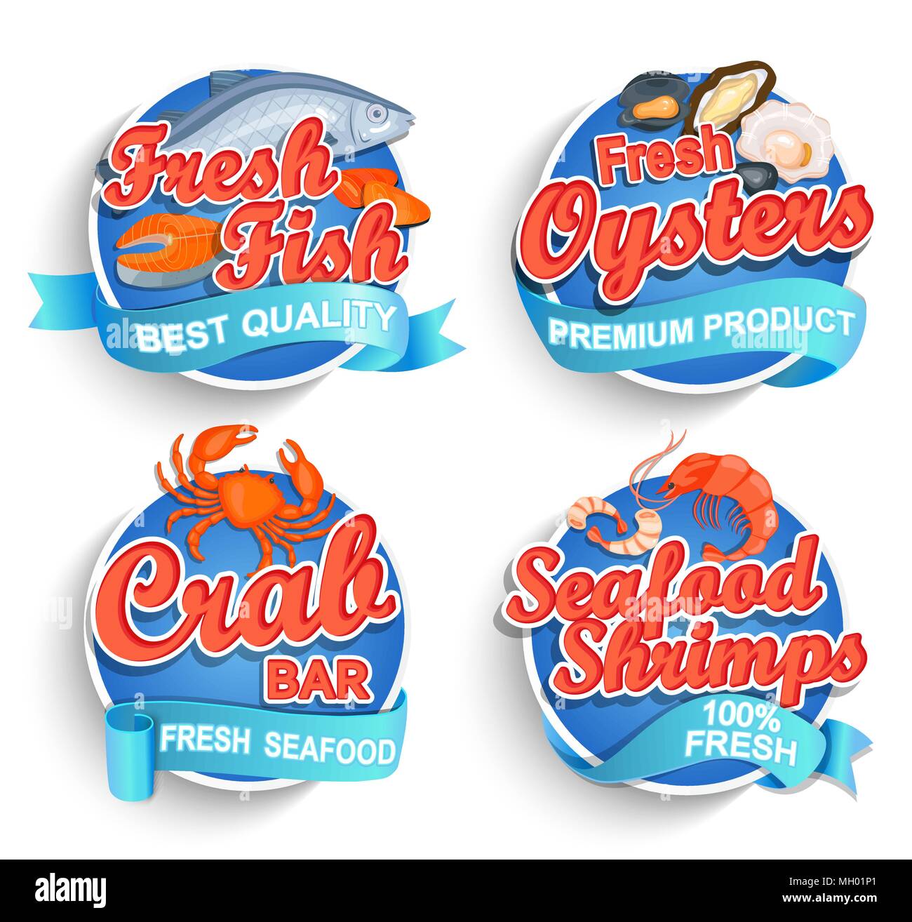 Conjunto de logotipos y emblemas de marisco fresco. Pescado fresco, ostras, gambas y cangrejo bar. Ilustración vectorial. Para los mercados, tiendas y su diseño. Ilustración del Vector