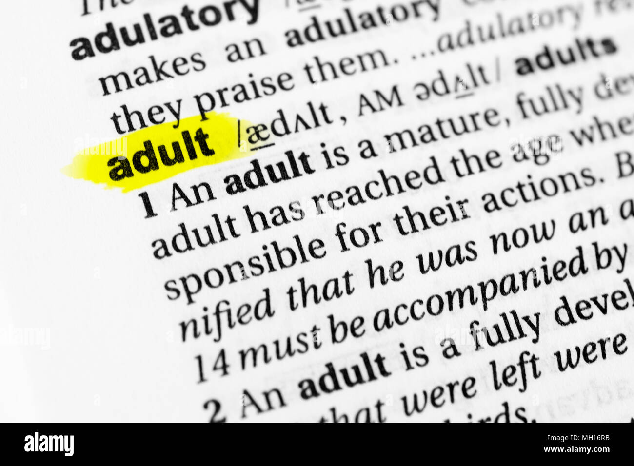 Destacó palabra inglesa "adultos" y su definición en el diccionario. Foto de stock