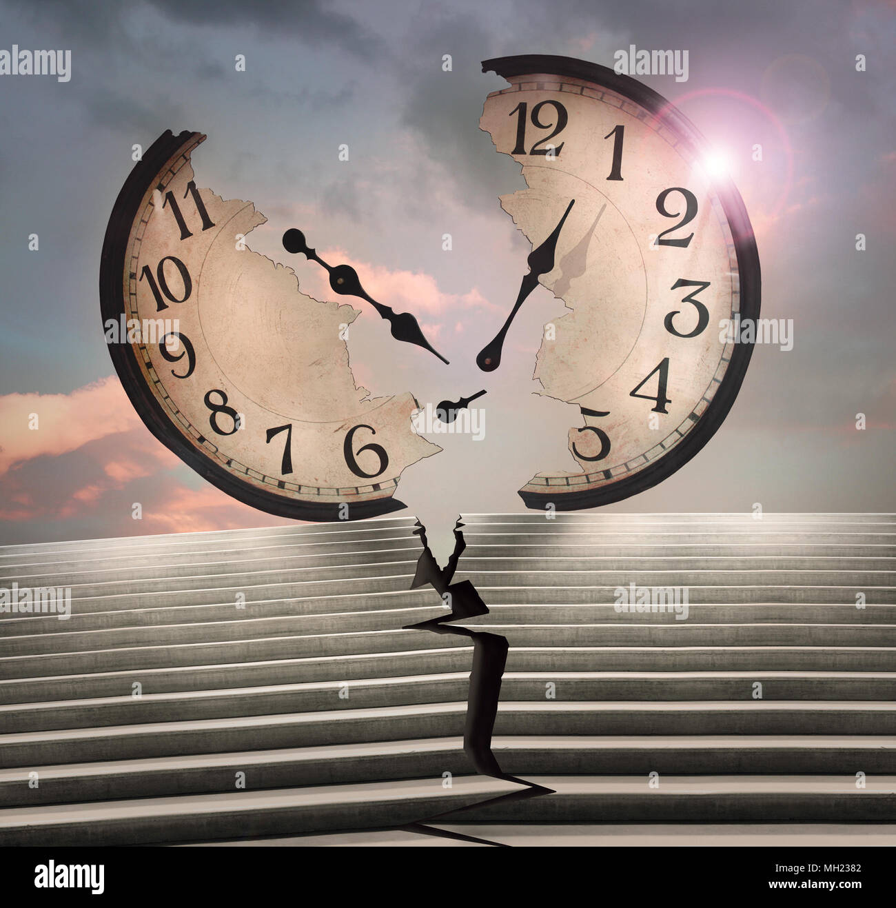 Hermosa imagen surrealista conceptual que representa un gran reloj y una escalera agrietado en dos Foto de stock
