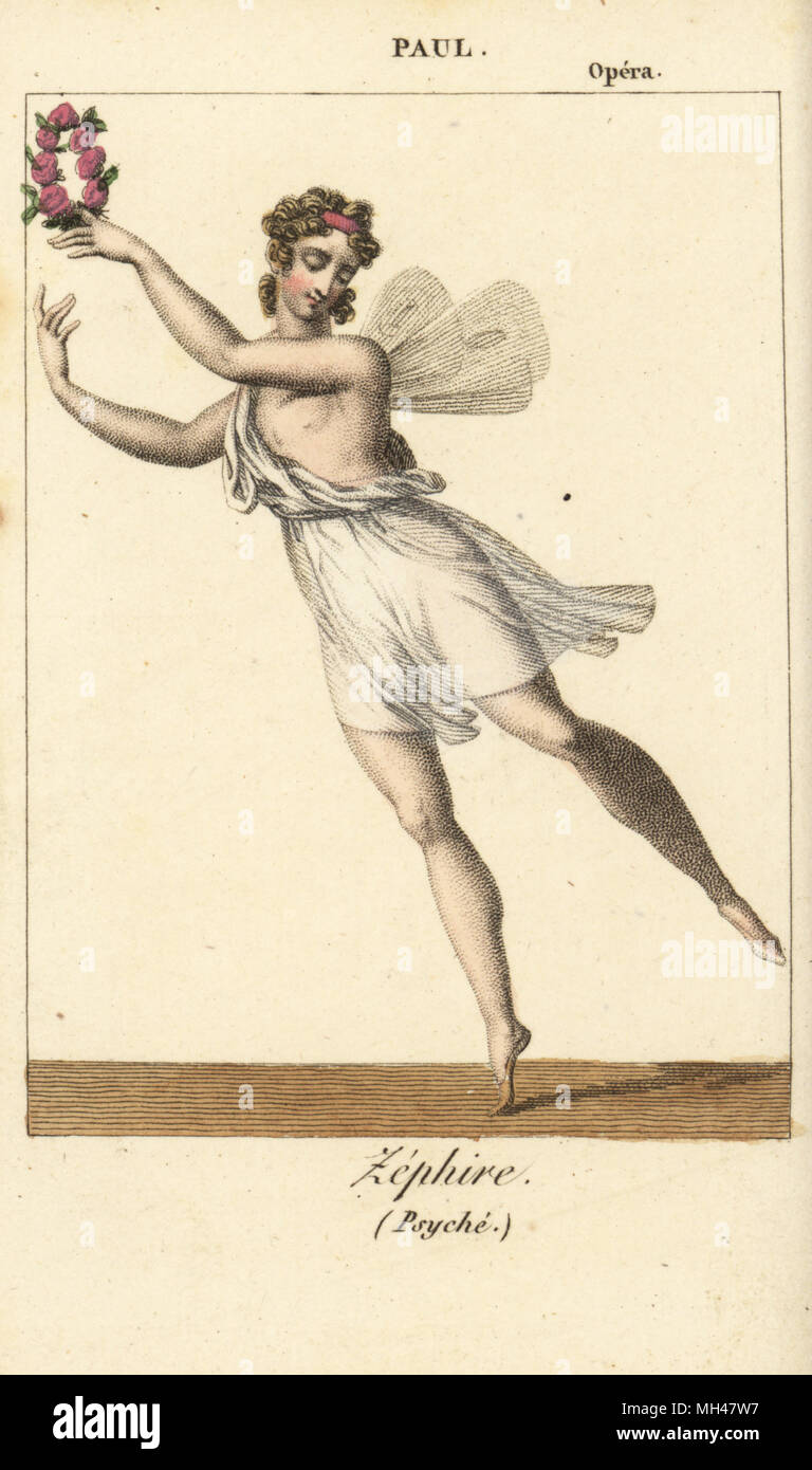 Bailarina de ballet francés Paul como Zephyr en el psiquismo por Stanislas Champein en la Ópera de París, 1817. Copperplate Handcolored grabado de Charles Malo's Almanach des espectáculos par K. Y. Z, Chez Louis Janet, París, 1819. Foto de stock