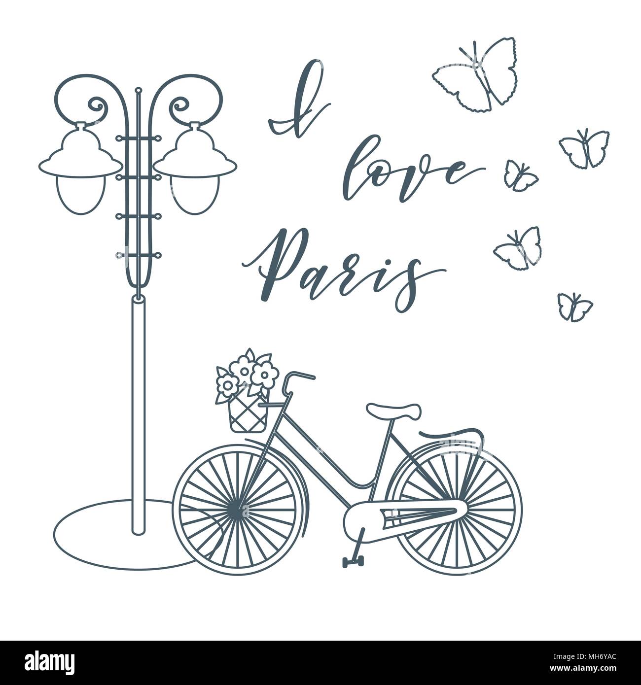 Bicicleta con una canasta de flores, linterna, mariposas. La inscripción me  encanta París. Los viajes y el ocio Imagen Vector de stock - Alamy