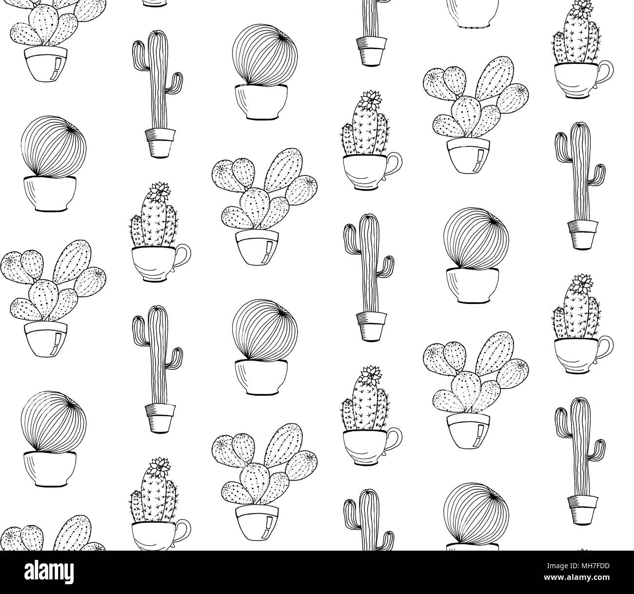 Cactus Flower Vector de fondo. Patrón sin fisuras con cactus en maceta. Cartoon cactus dibujados a mano. Ilustración del Vector