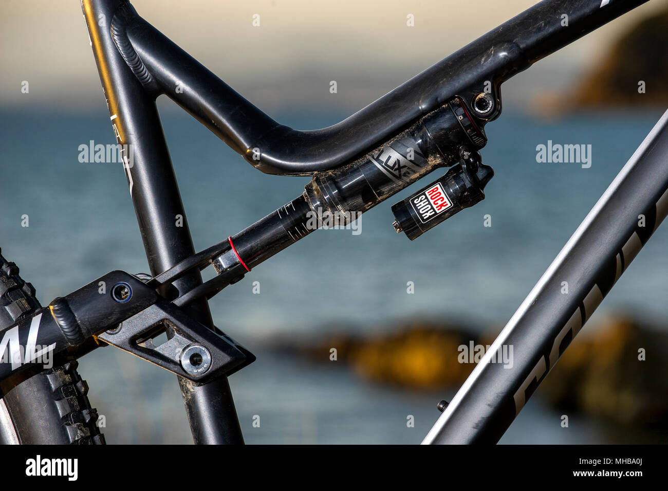 Una bicicleta de montaña del amortiguador de la suspensión trasera  Fotografía de stock - Alamy