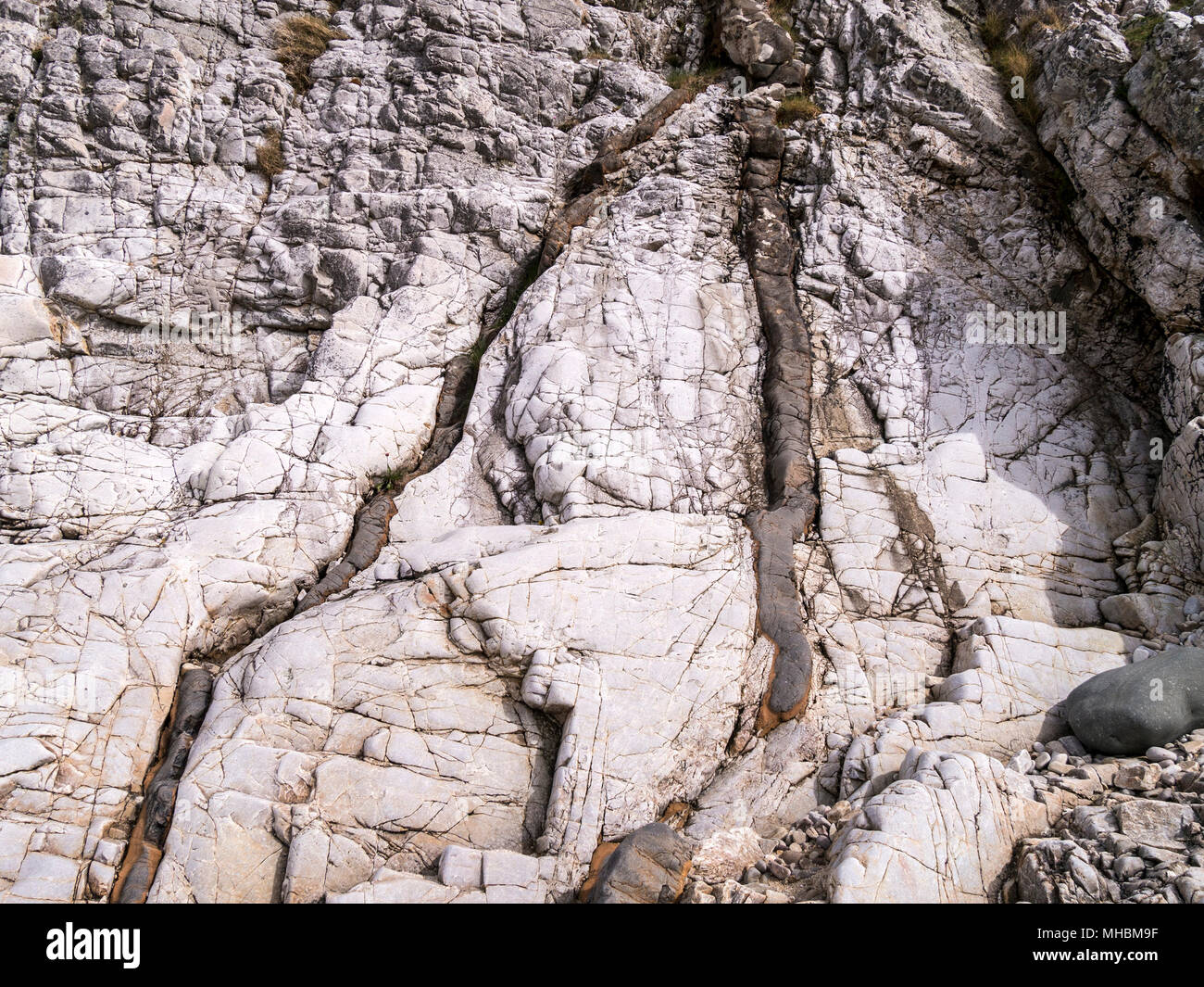Pequeñas vetas de intrusión de basalto ígneo Palaeogene oscuro formando grietas en el lecho de arenita sedimentaria de color más claro, Ord, Isla de Skye, Escocia, Reino Unido Foto de stock