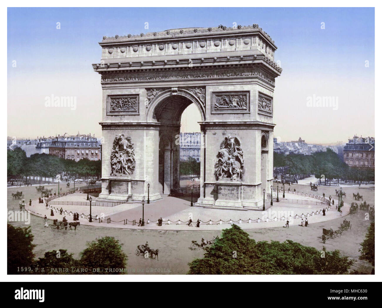 ARC DE TRIOMPHE París Francia 1890 -1900 Francia Photochrom Vintage Color histórico. Litografía en color y entrenador de caballos de la ciudad histórica de color de la escena Foto de stock