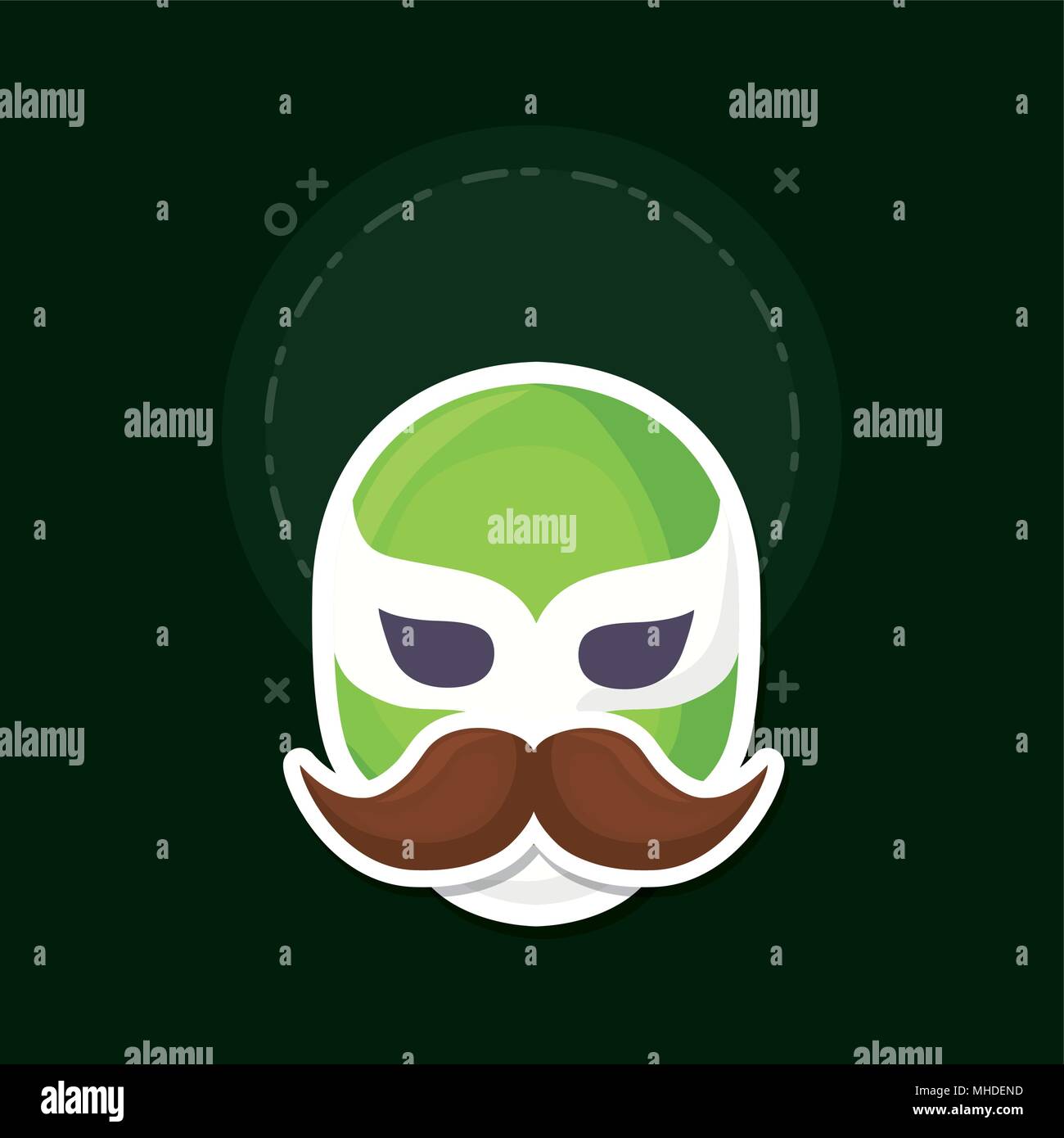 Máscara de luchador con bigote sobre fondo verde, colorido diseño