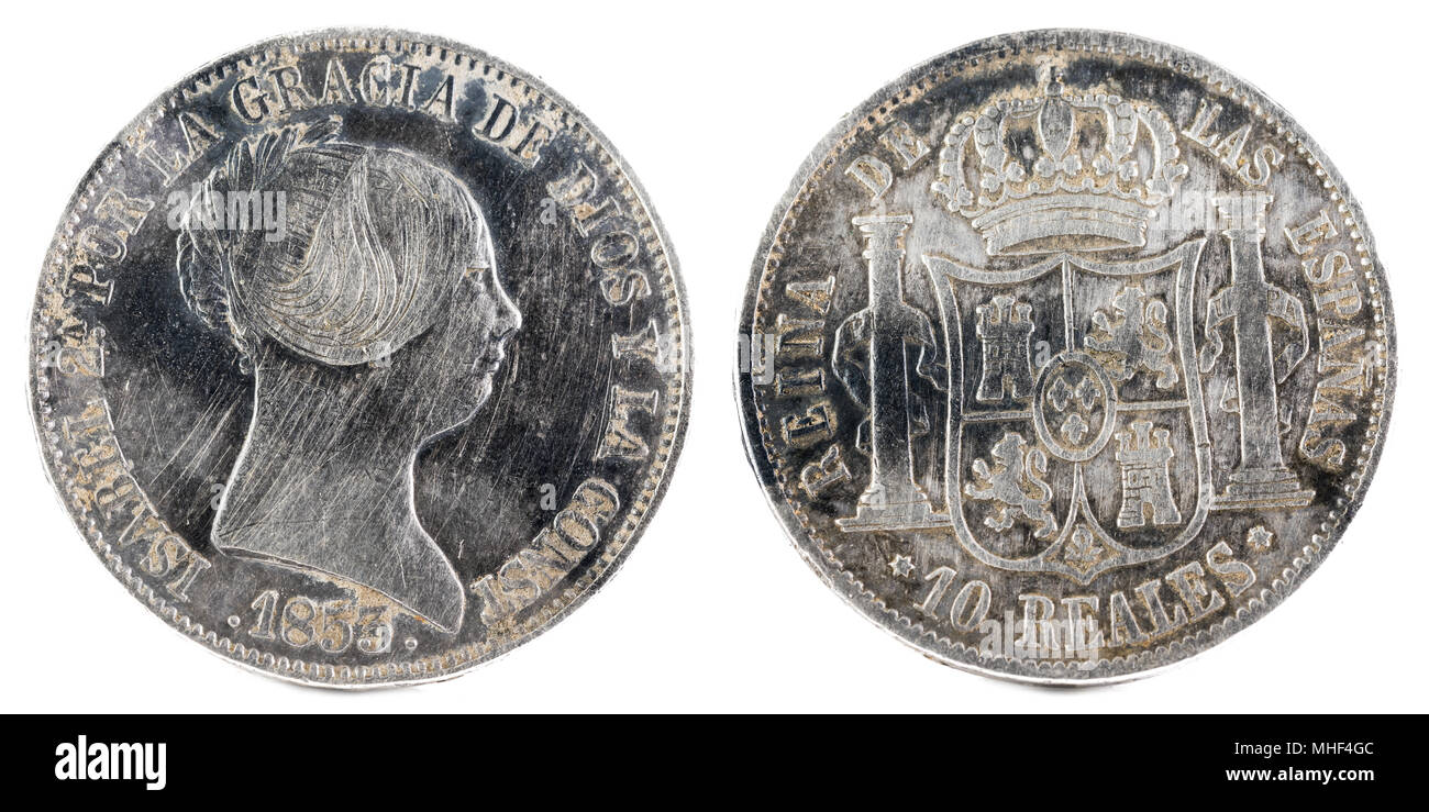 Antigua moneda de plata española de la Reina Isabel II. 1853. Acuñado en Madrid. 10 reales. Foto de stock