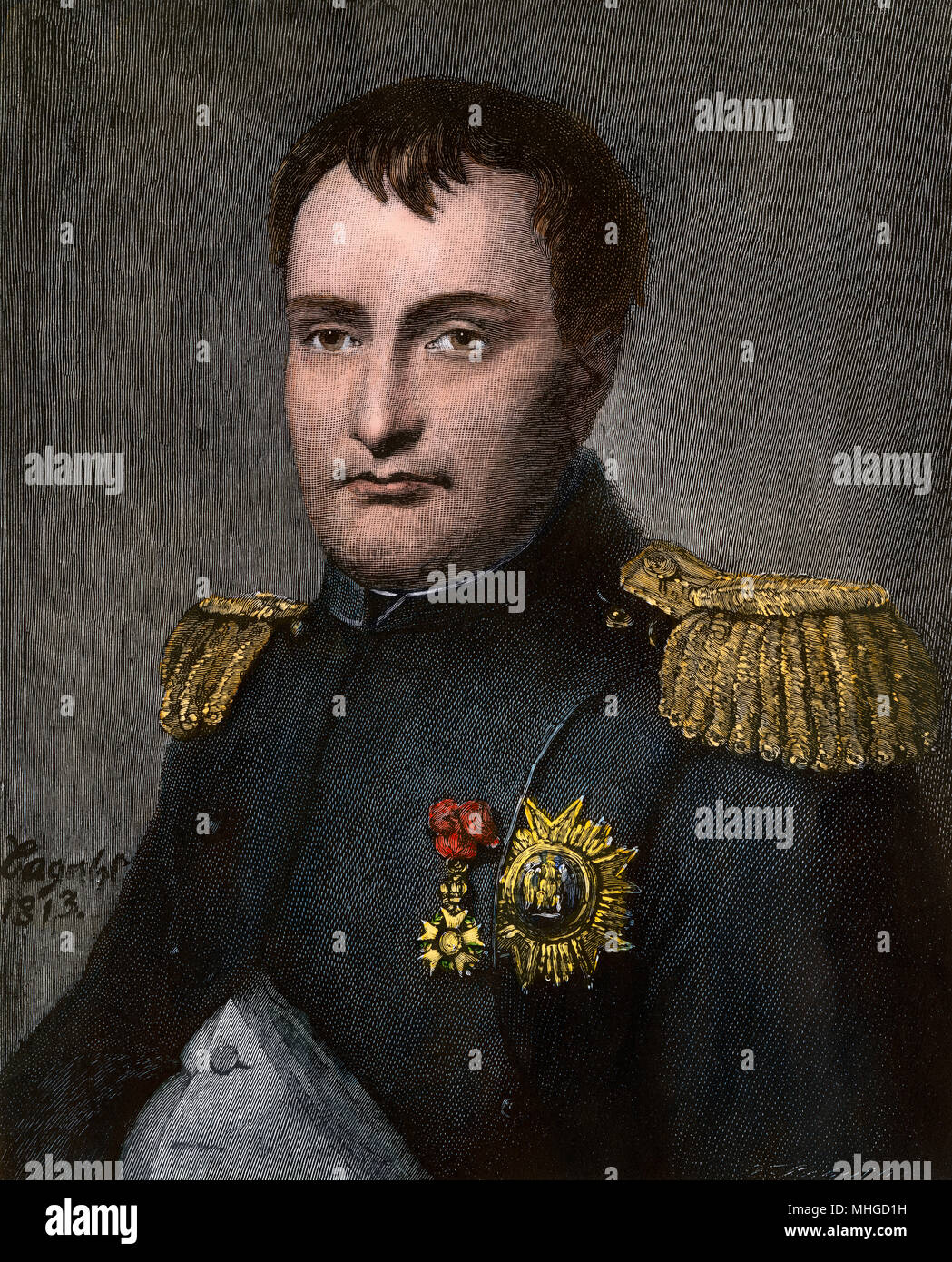 El emperador Napoleón Bonaparte en 1813. Grabado pintado a mano Foto de stock