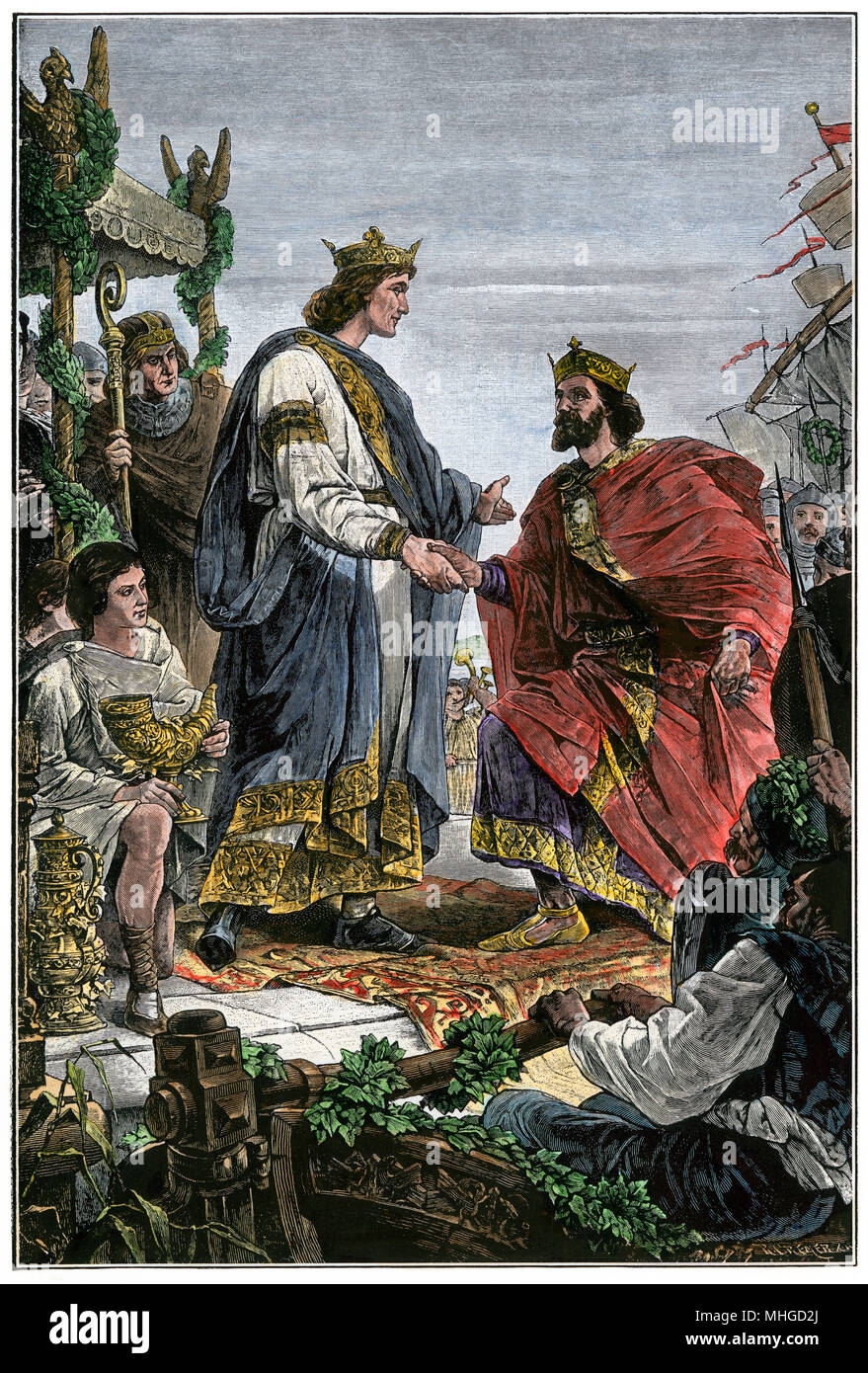 Enrique I (Fowler) Reunión con Carlos III (el Simple). Xilografía coloreada a mano Foto de stock