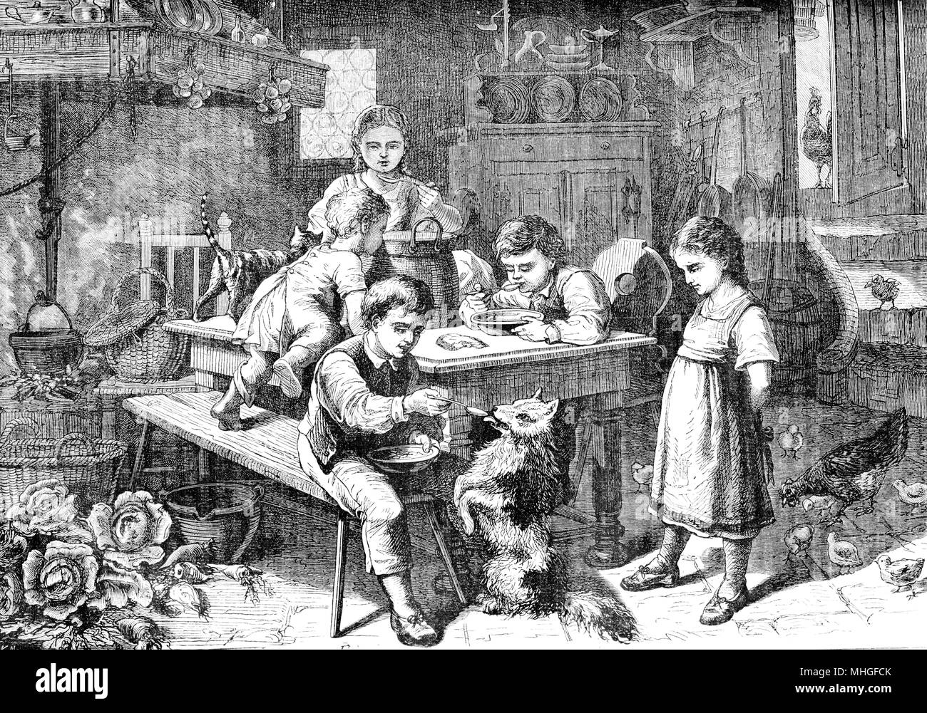Impresión vintage de la hora del almuerzo en la hacienda: boy, las niñas y los niños comen juntos en la cocina y alimentar un perro mascota Foto de stock