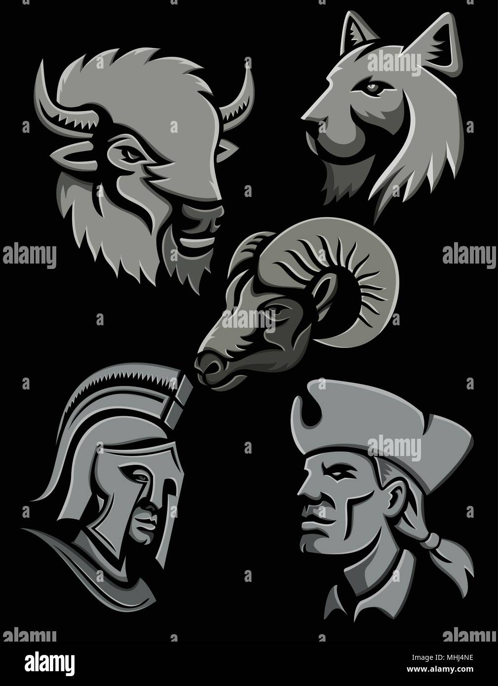 Icono de estilo metálico plano mascota o ilustración de un bisonte o  búfalo, el gato montés o el lince cat, el borrego cimarrón, el guerrero  espartano y un patriota norteamericano jefe Imagen